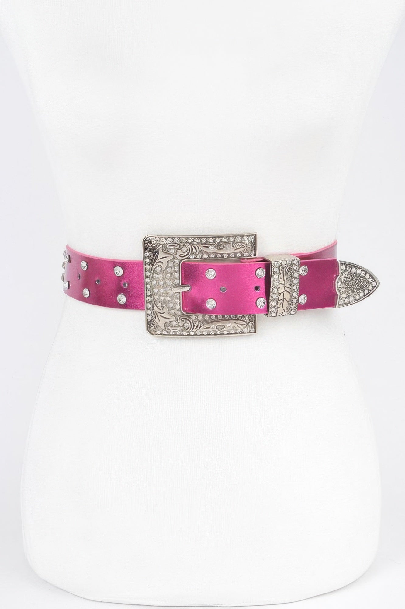 Rhinestone buckle belt in fuchsia with silver-tone ornate buckle and sparkling stud accents