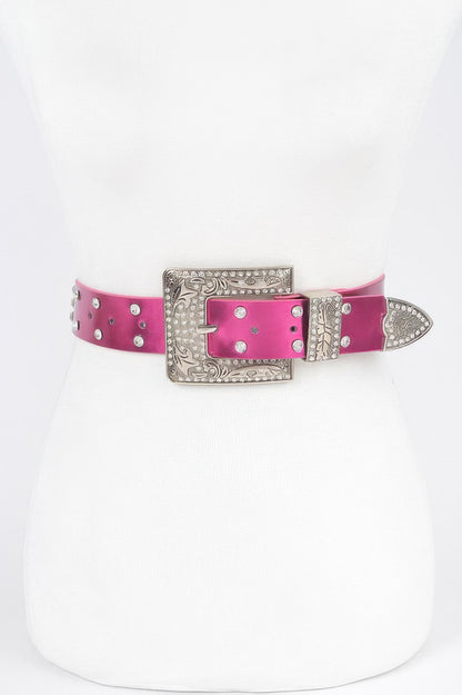 Rhinestone Buckle Metallic Belt W/stones - Tigbul's Variety Fashion Shop