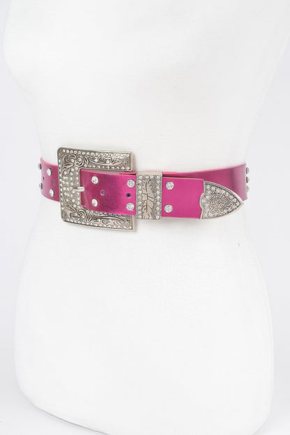 Rhinestone Buckle Metallic Belt W/stones - Tigbul's Variety Fashion Shop