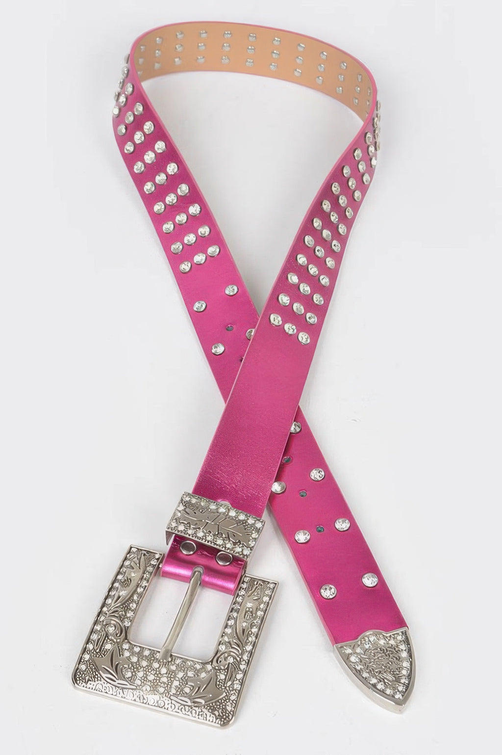 Fuchsia rhinestone belt with silver buckle pieces, crystal studs, and decorative end tips