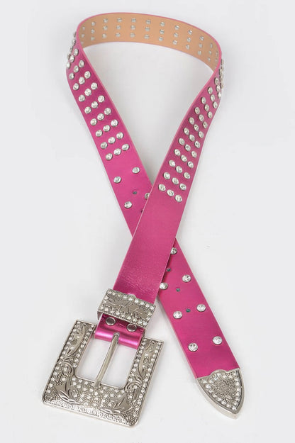 Rhinestone Buckle Metallic Belt W/stones - Tigbul's Variety Fashion Shop