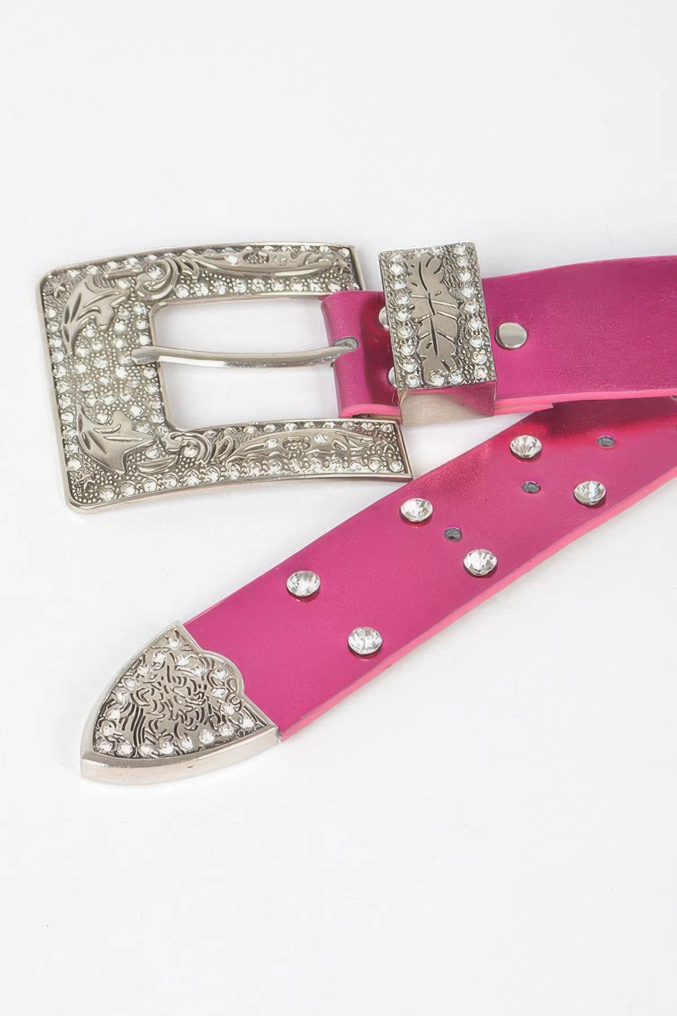 Fuchsia rhinestone buckle belt close-up with ornate silver buckle and round crystal studs