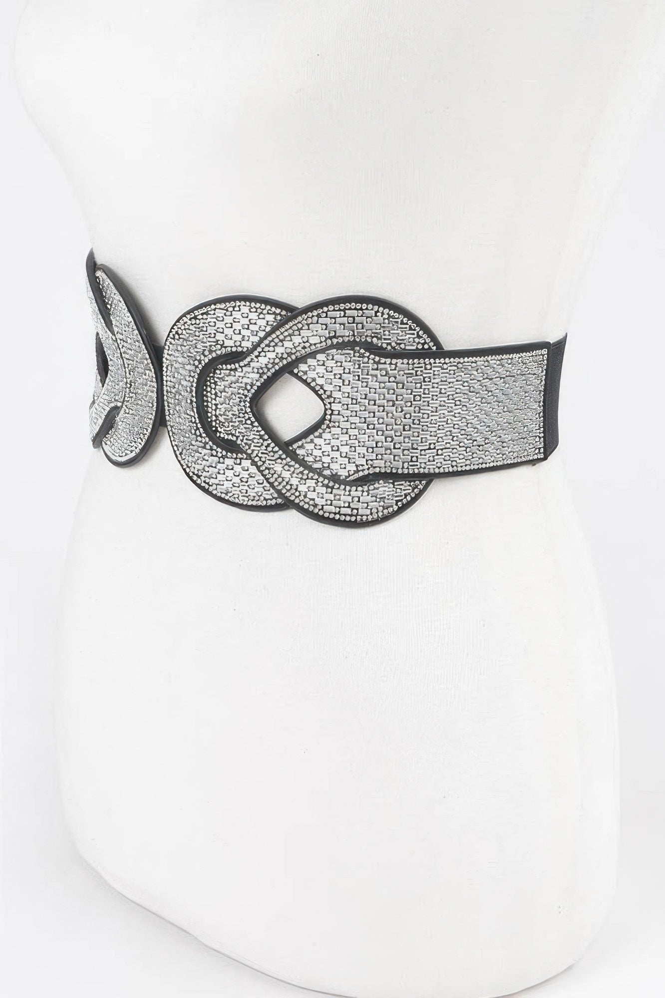 Multi rhinestone elastic belt, side view of silver-toned oval buckle and strap