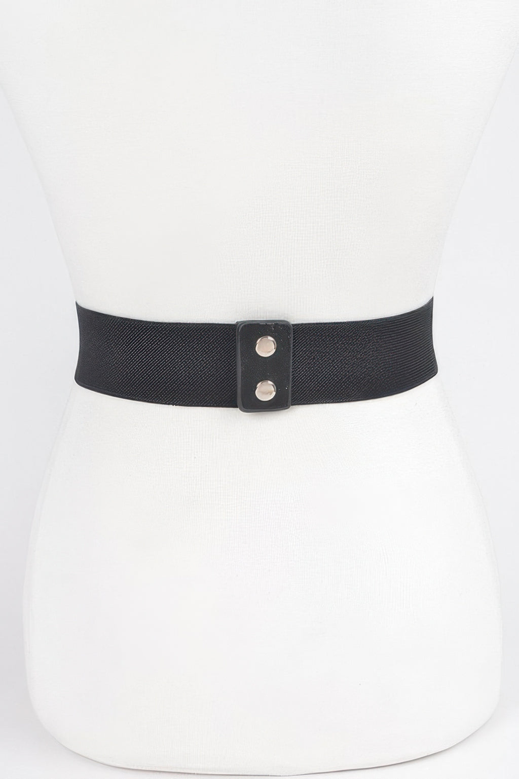 Black elastic belt band with metal snap hardware, no rhinestone buckle shown