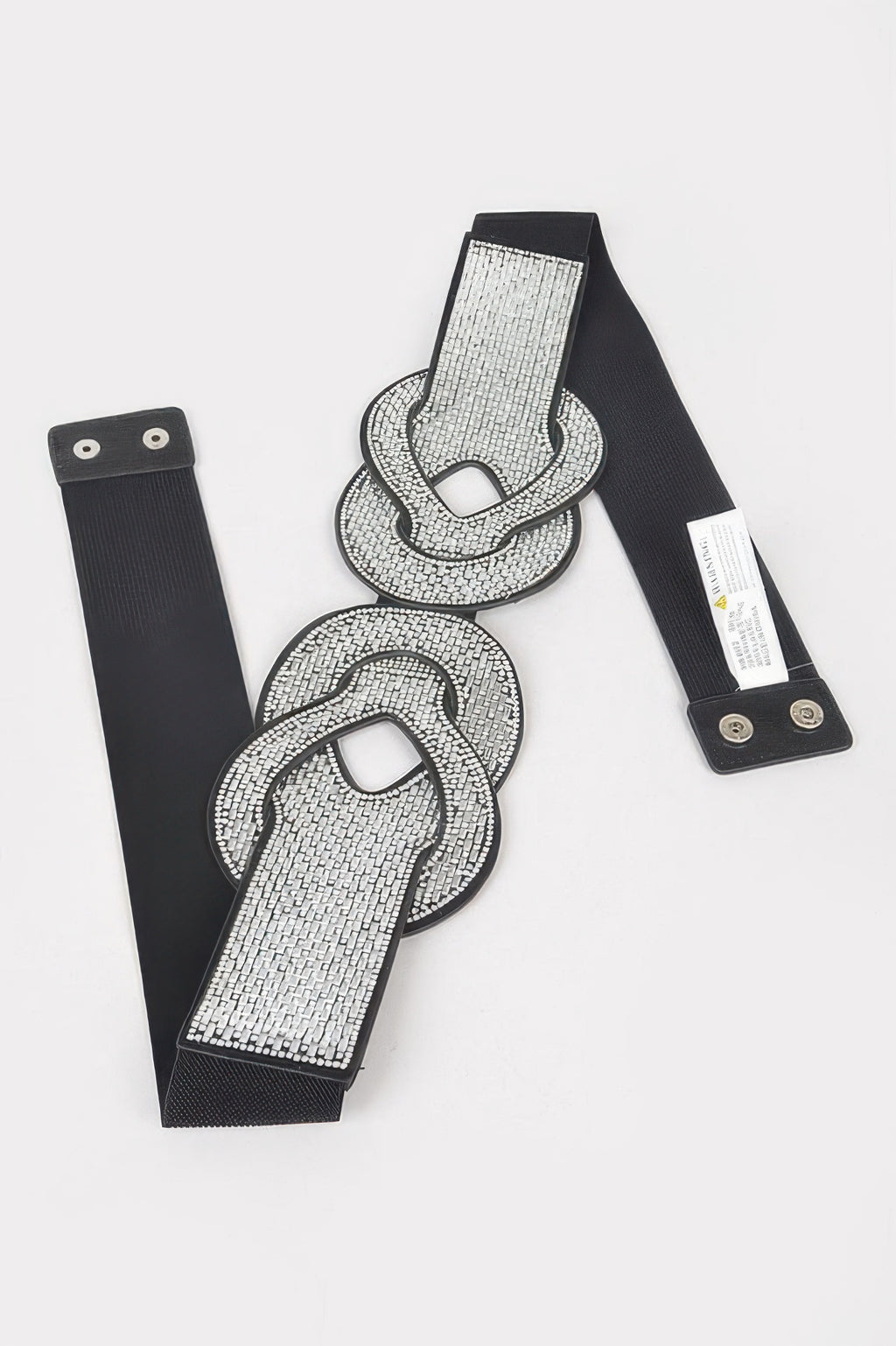 Rhinestone buckle pieces with matching black elastic straps and snap buttons