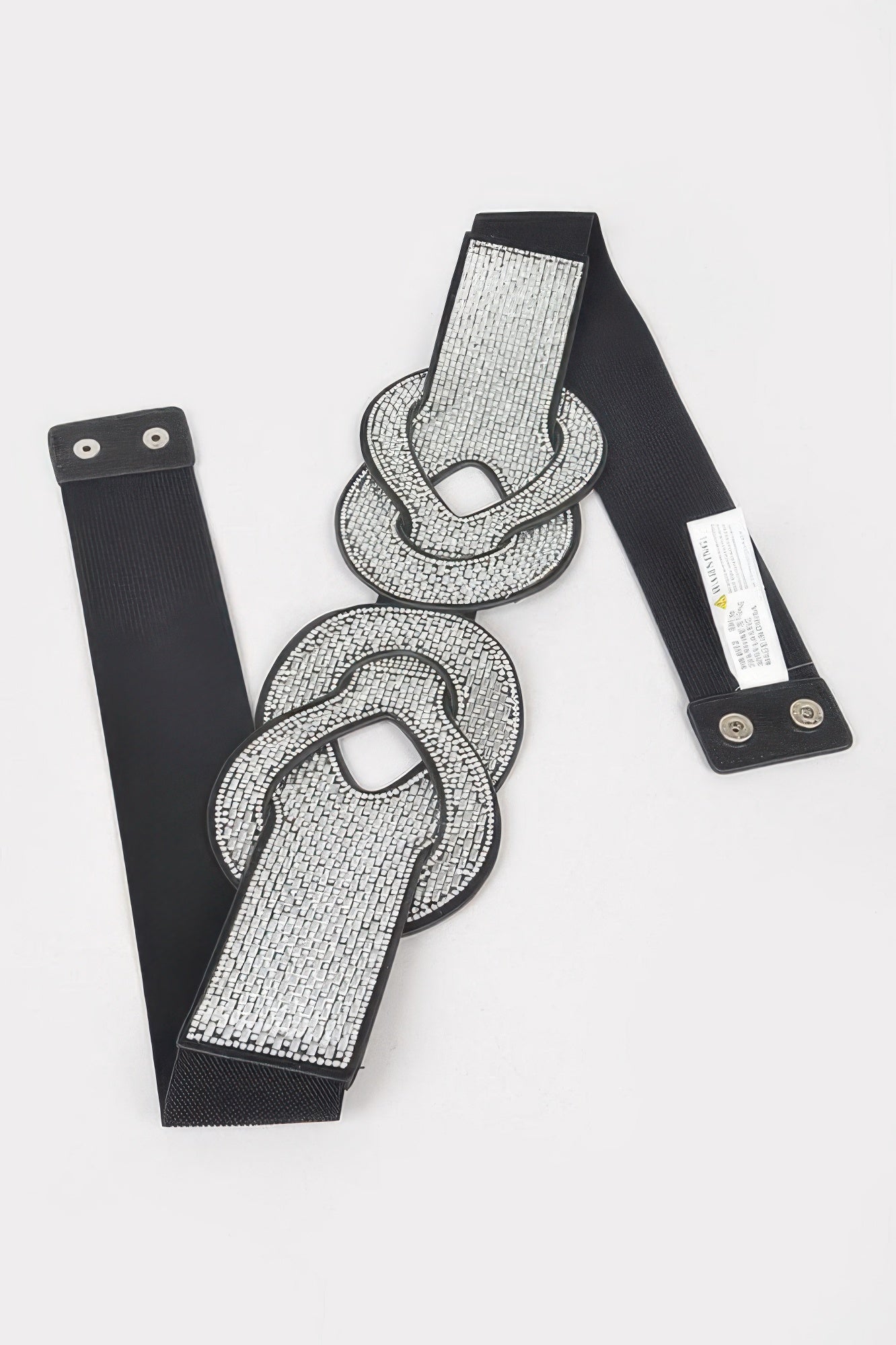Rhinestone buckle pieces with matching black elastic straps and snap buttons