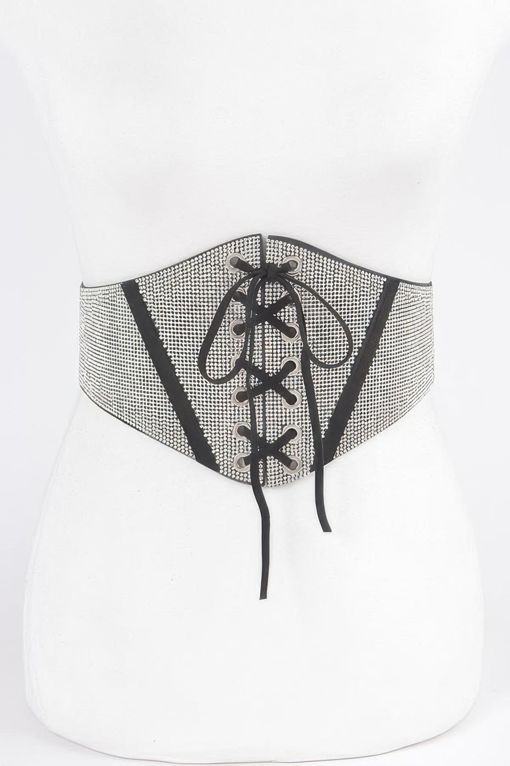 Rhinestone-Corsage-Gürtel in Silberoptik mit schwarzem Schnürdetail, elastisch
