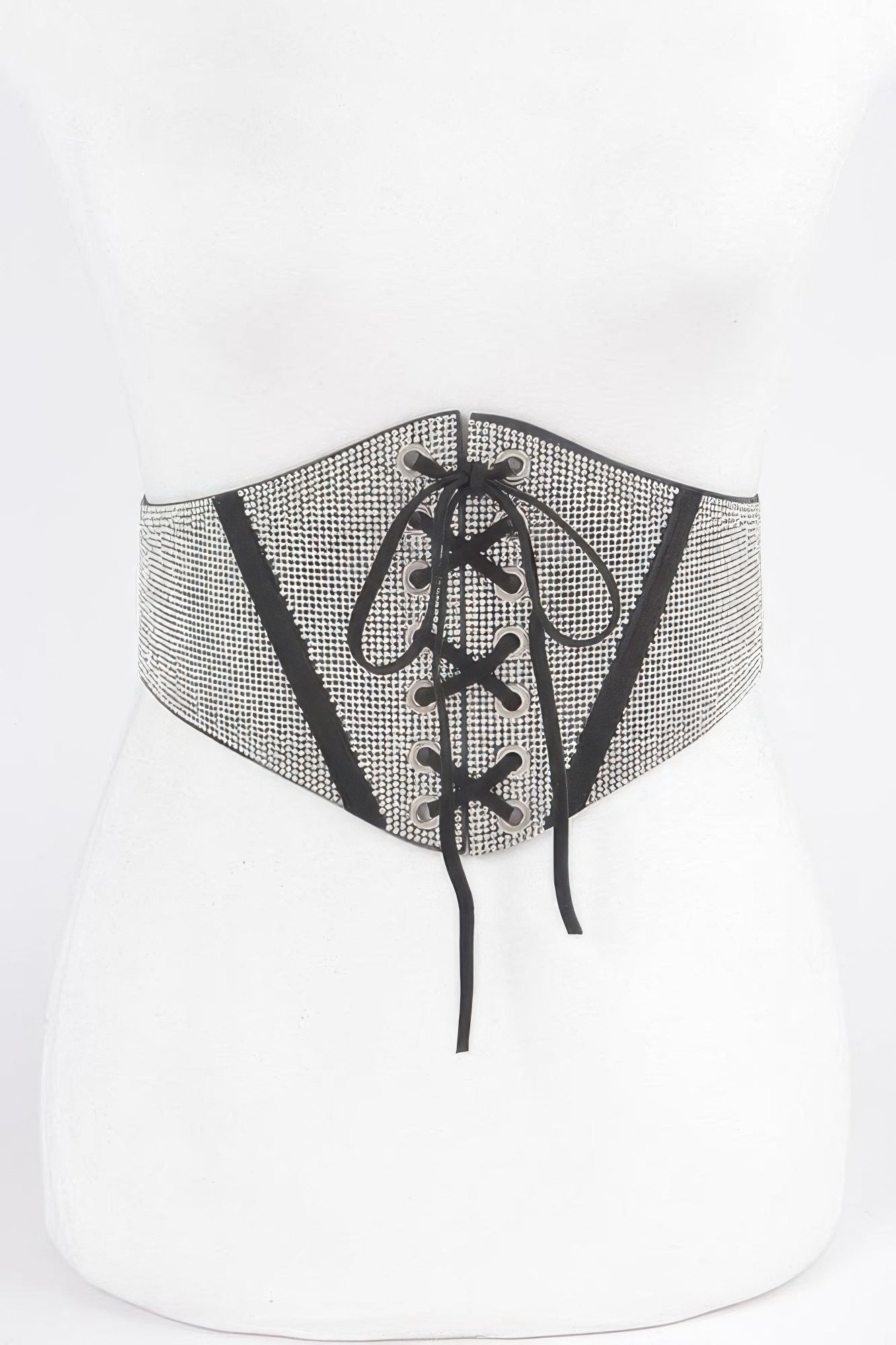 Rhinestone-Corsage-Gürtel in Silberoptik mit schwarzem Schnürdetail, elastisch