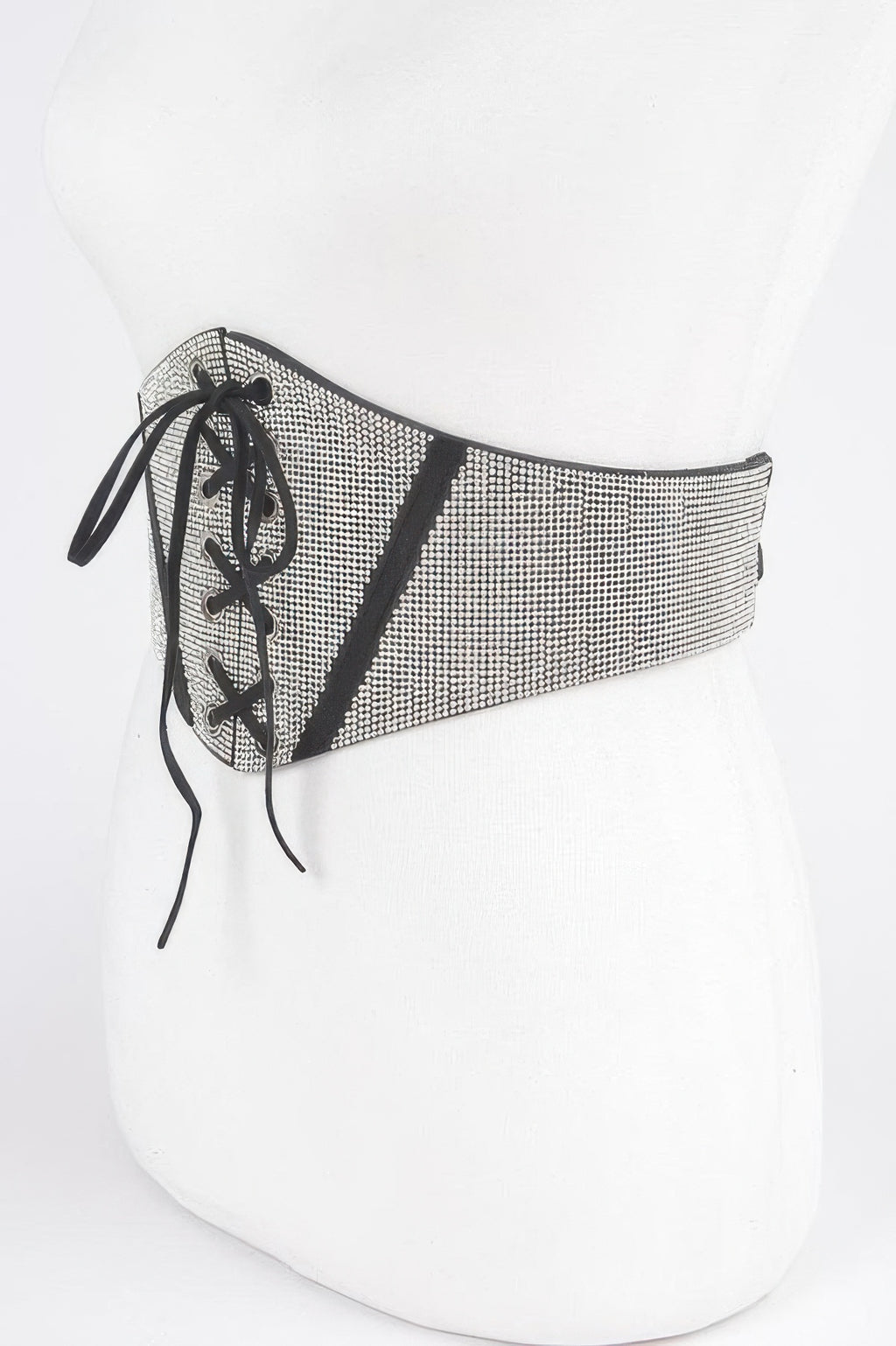 Schimmernder Rhinestone-Gürtel mit schwarzem Schnürzug und Riemchen-Detail, elastisch