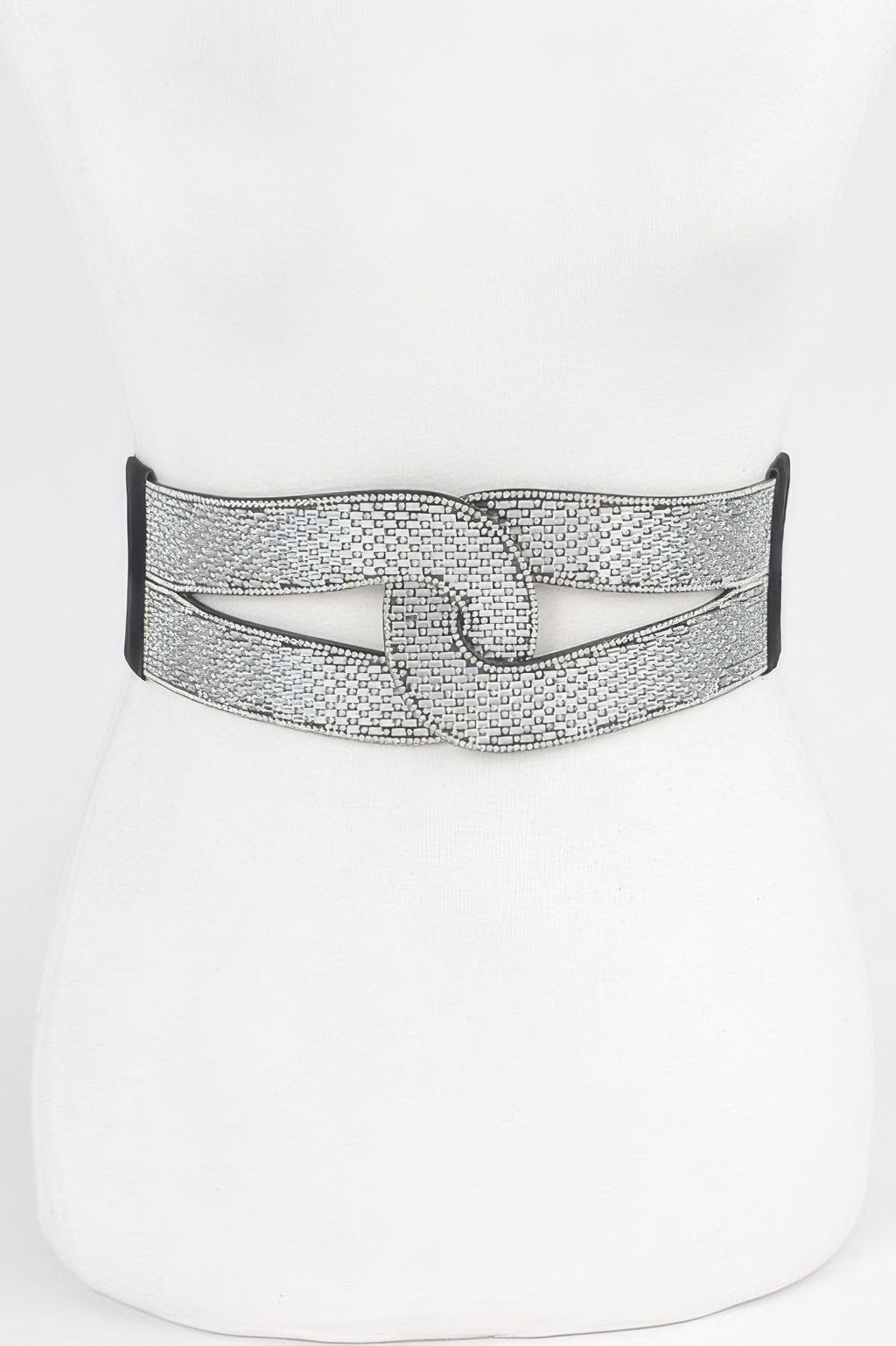 Rhinestone-Gürtel mit Strass-Schmuckverschluss, schwarzer Elastikband und silberner Strassplatte