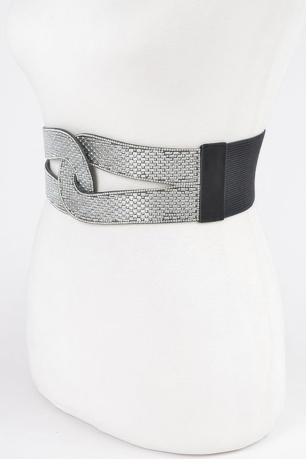 Rhinestone plus-size elastischer Gürtel mit silberner Strassfläche und breitem schwarzem Band