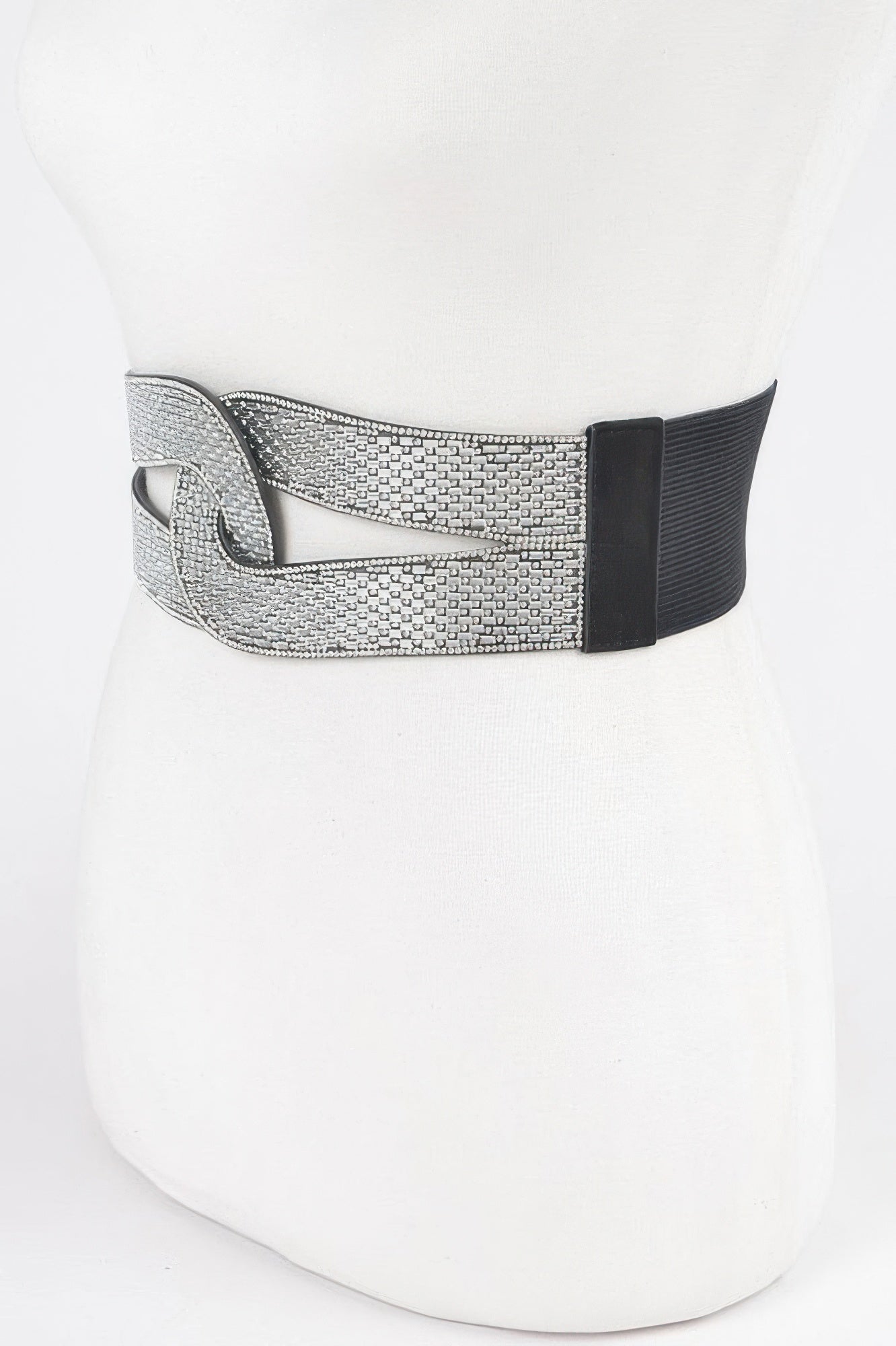 Rhinestone plus-size elastischer Gürtel mit silberner Strassfläche und breitem schwarzem Band