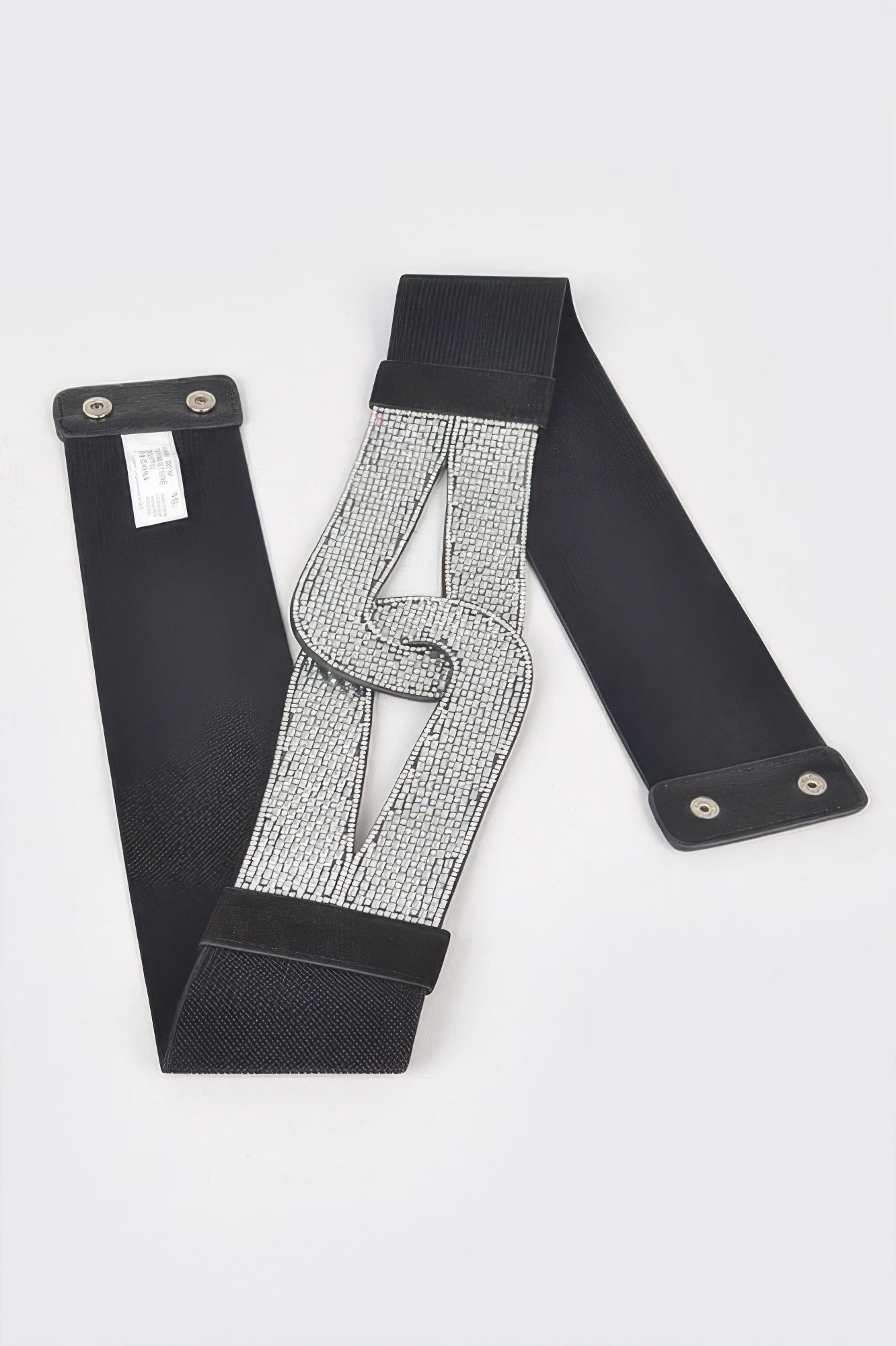 Rhinestone plus-size elastischer Gürtel, silberne Strassplatte mit schwarzem Elastikband (flach)