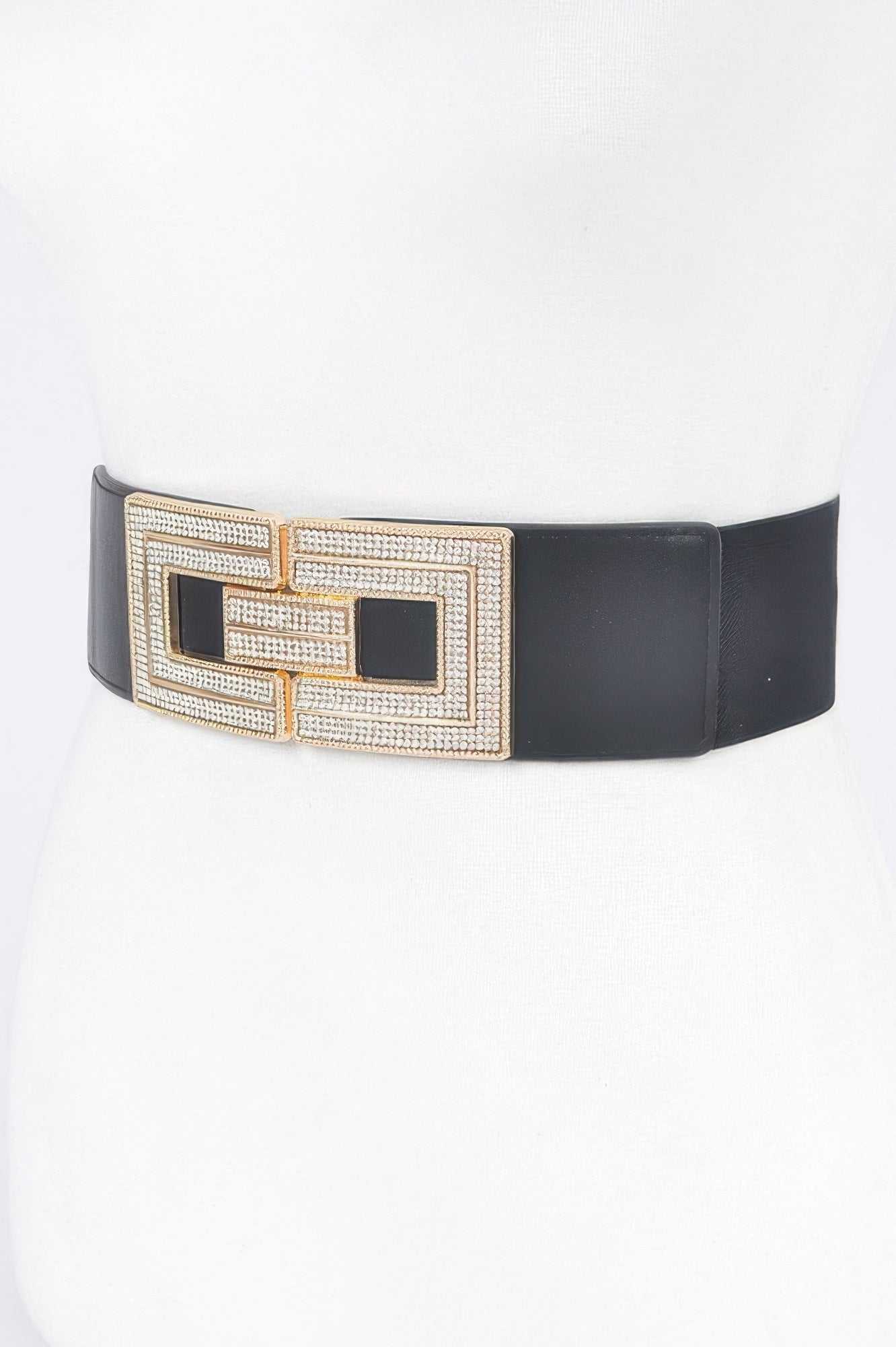 Black elastic belt with ornate rhinestone buckle and square dark panels, side view.