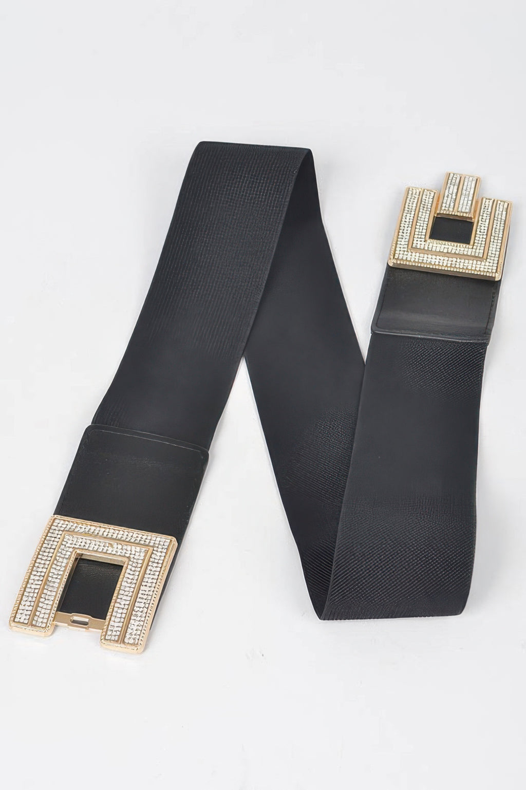 Black elastic belt with rhinestone buckle ends, gold-tone hardware detail.