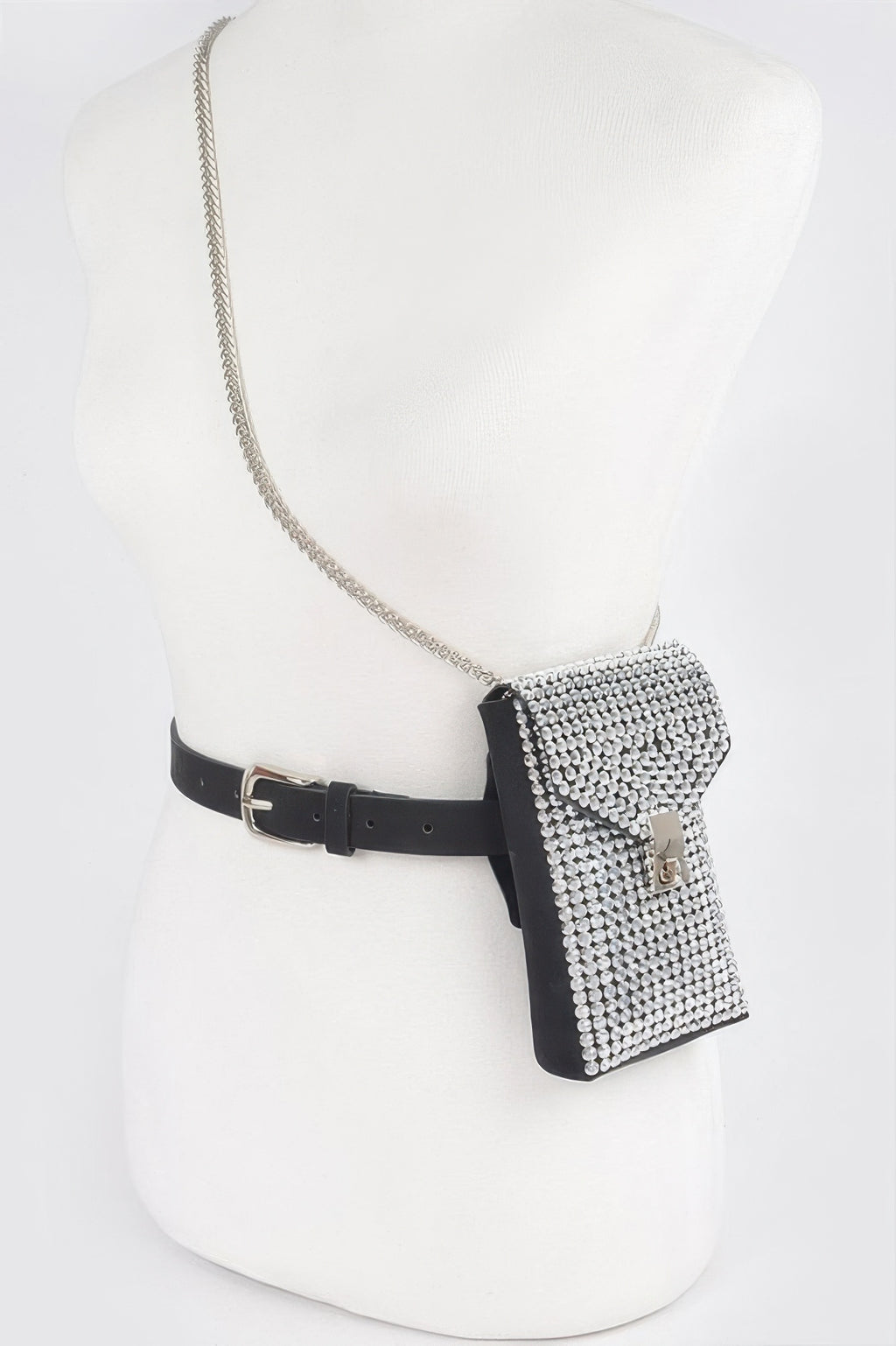 Black belt bag with silver rhinestone front and chain strap