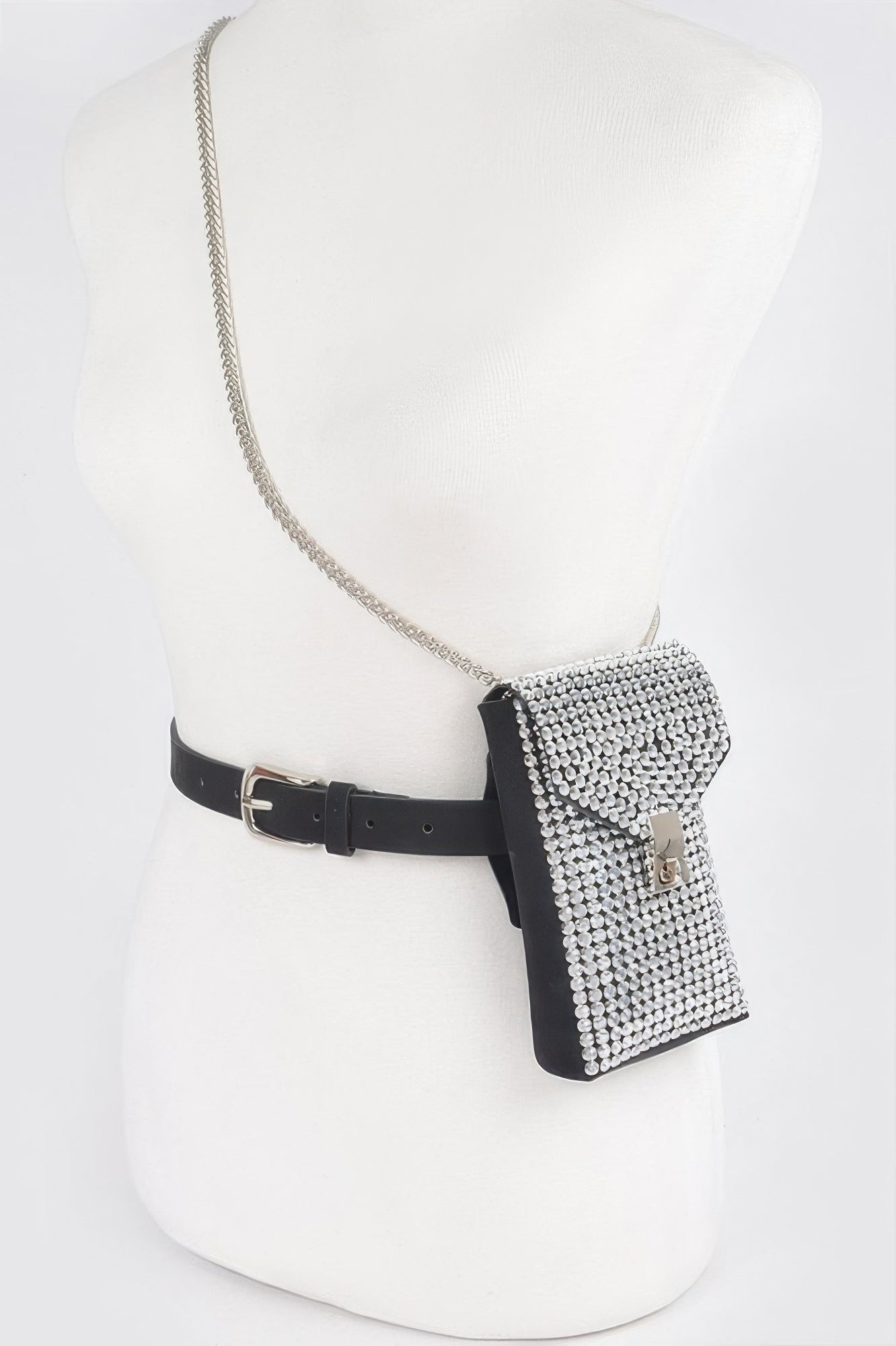 Black belt bag with silver rhinestone front and chain strap