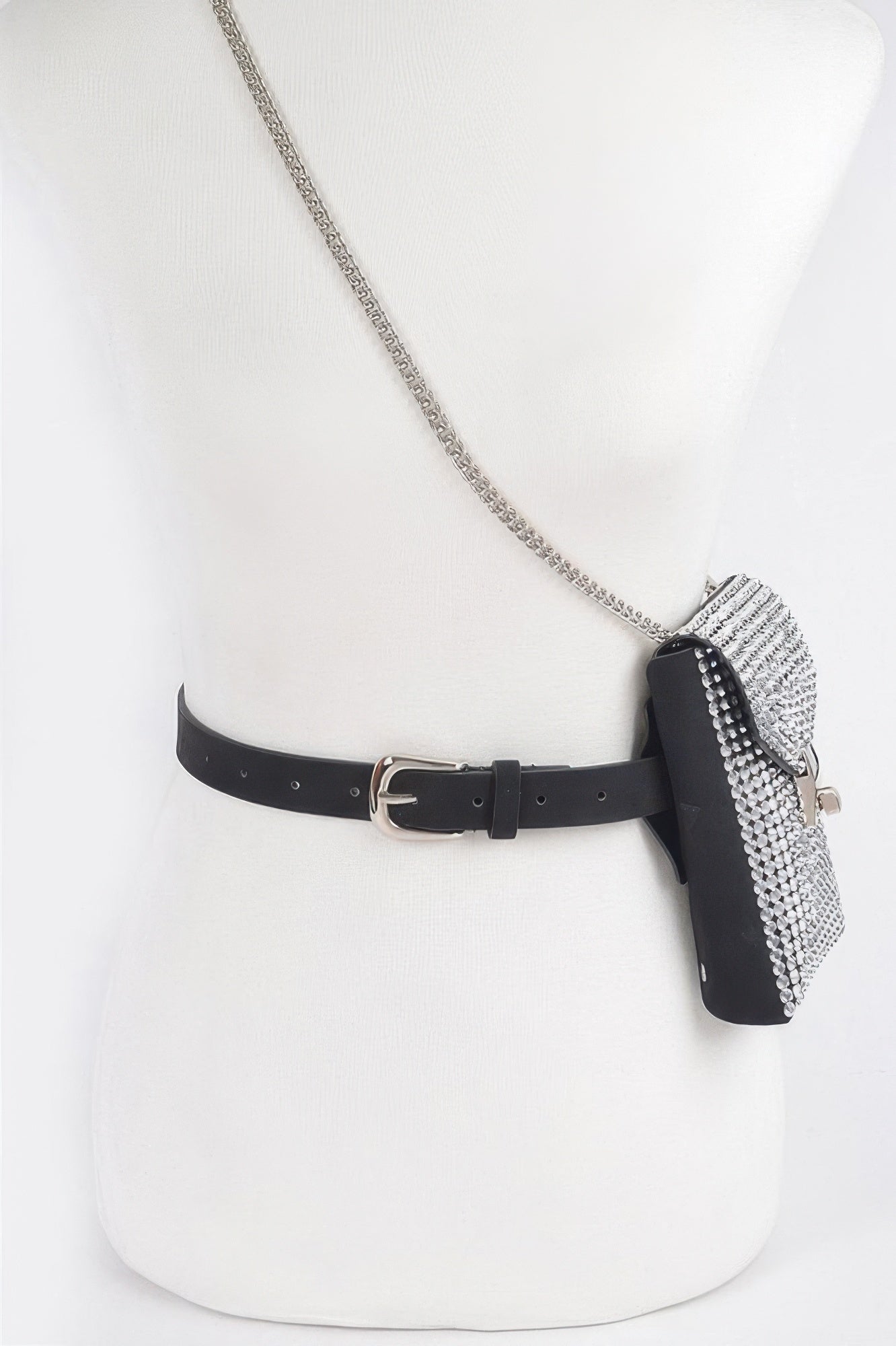 Black belt bag with long chain strap, silver rhinestone front on waist belt