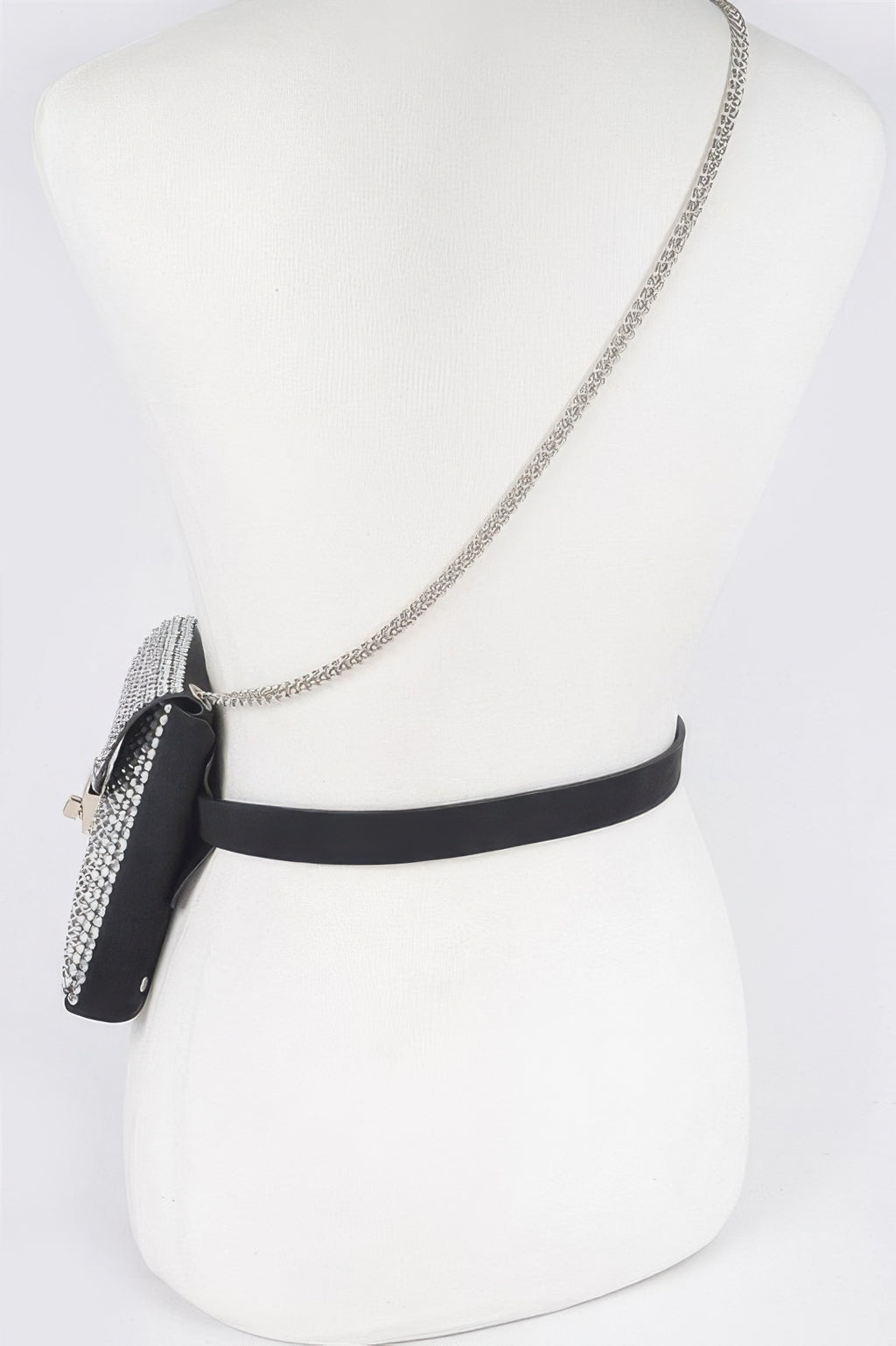 Mini belt bag with silver chain strap, black belt, rhinestone pocket front