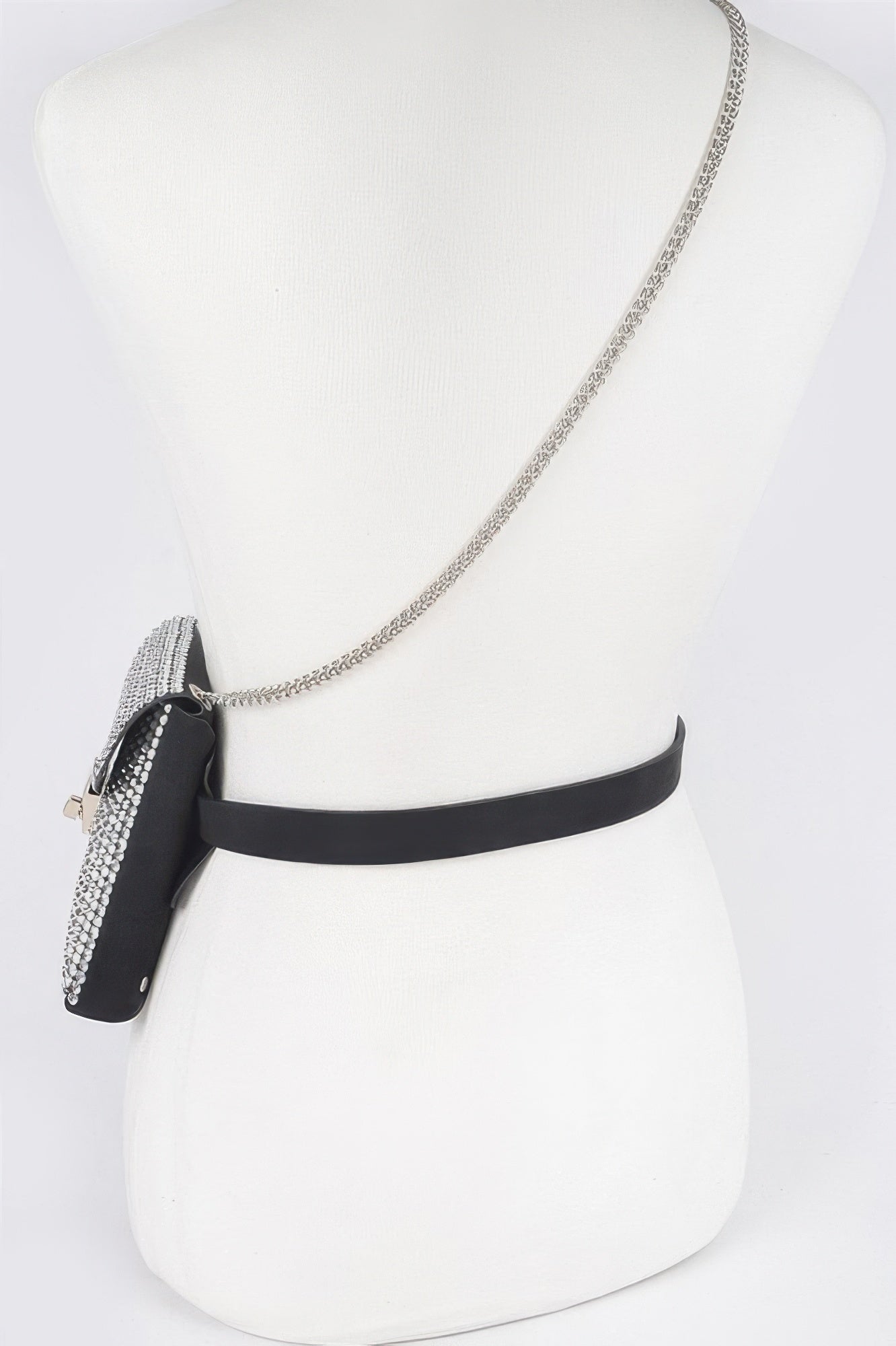 Mini belt bag with silver chain strap, black belt, rhinestone pocket front
