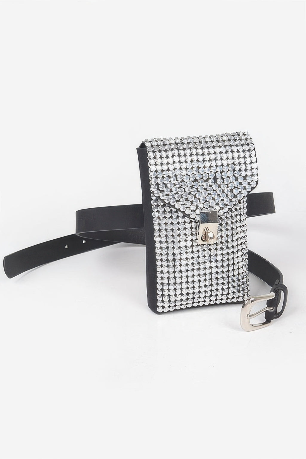 Silver rhinestone mini belt bag with black back, chain strap and clasp