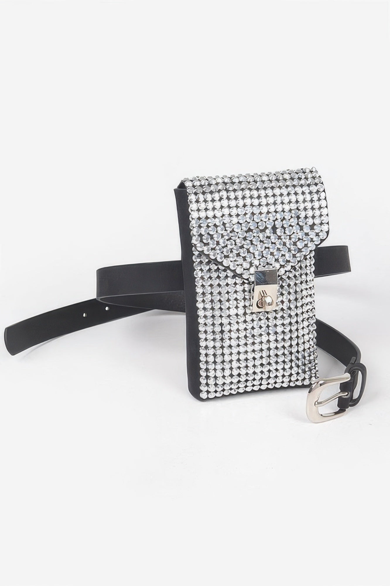 Silver rhinestone mini belt bag with black back, chain strap and clasp