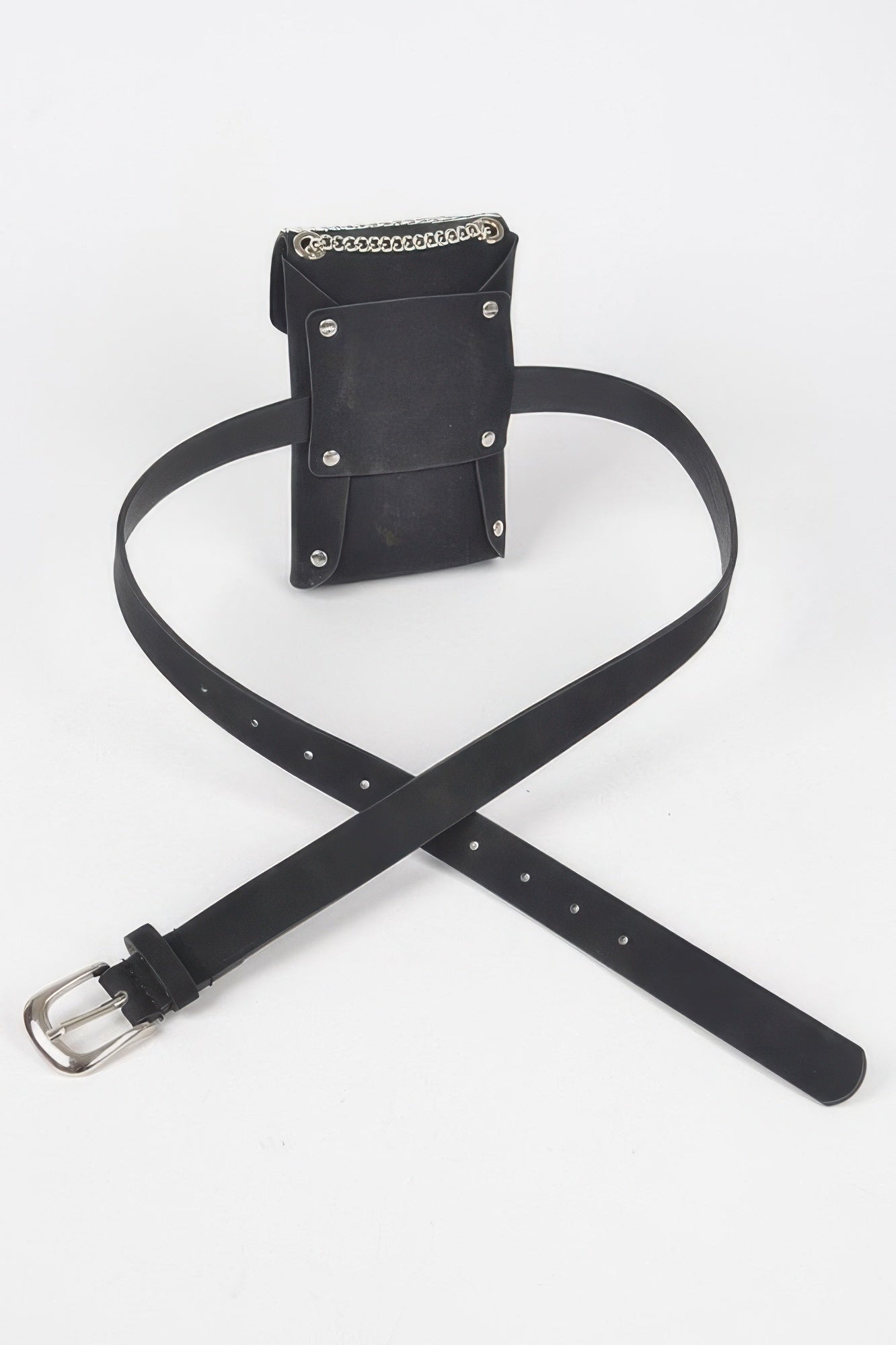 Black mini belt bag with chain strap, silver hardware and snap front