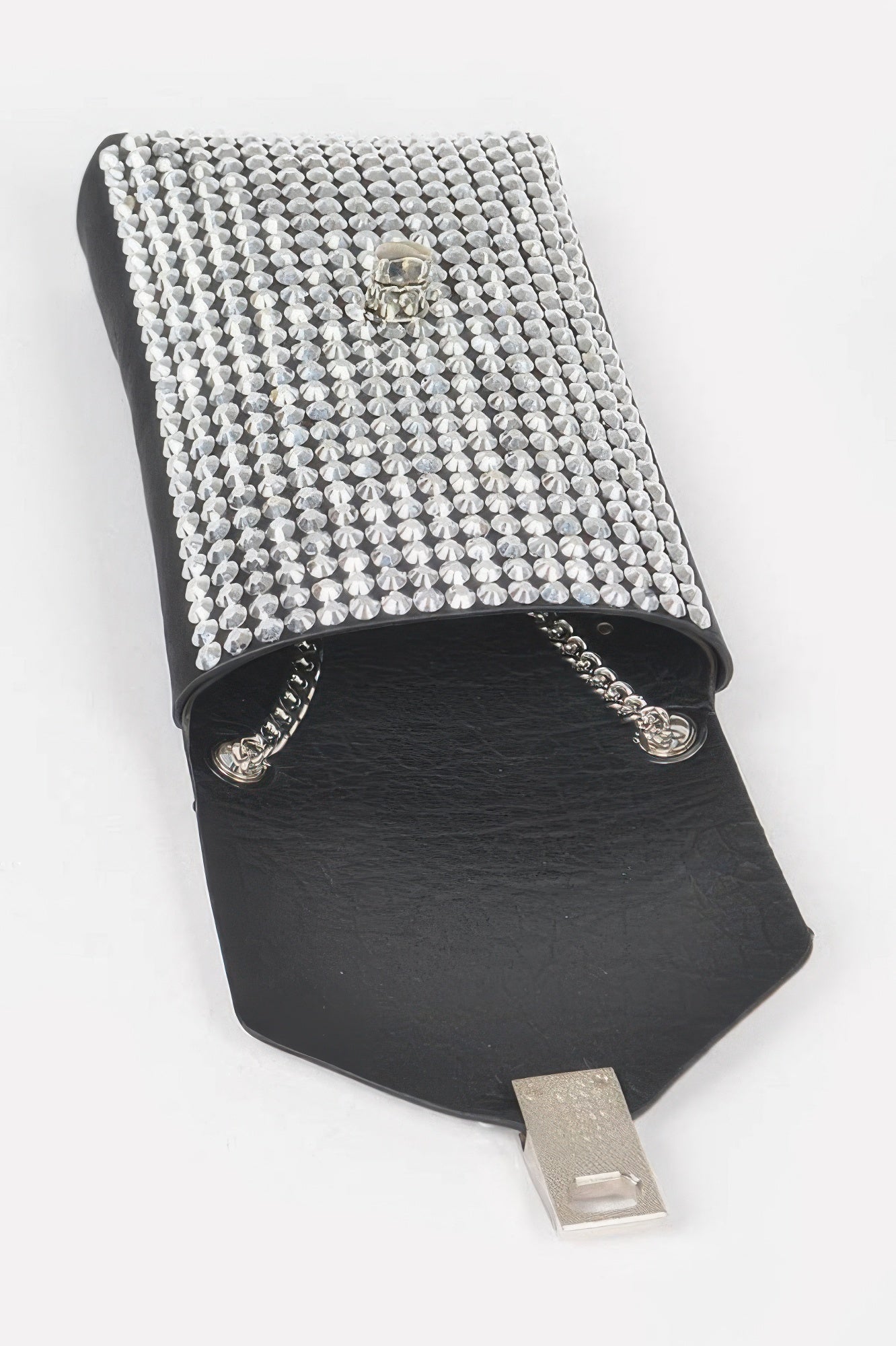 Black mini belt bag with silver rhinestone top and chain accents