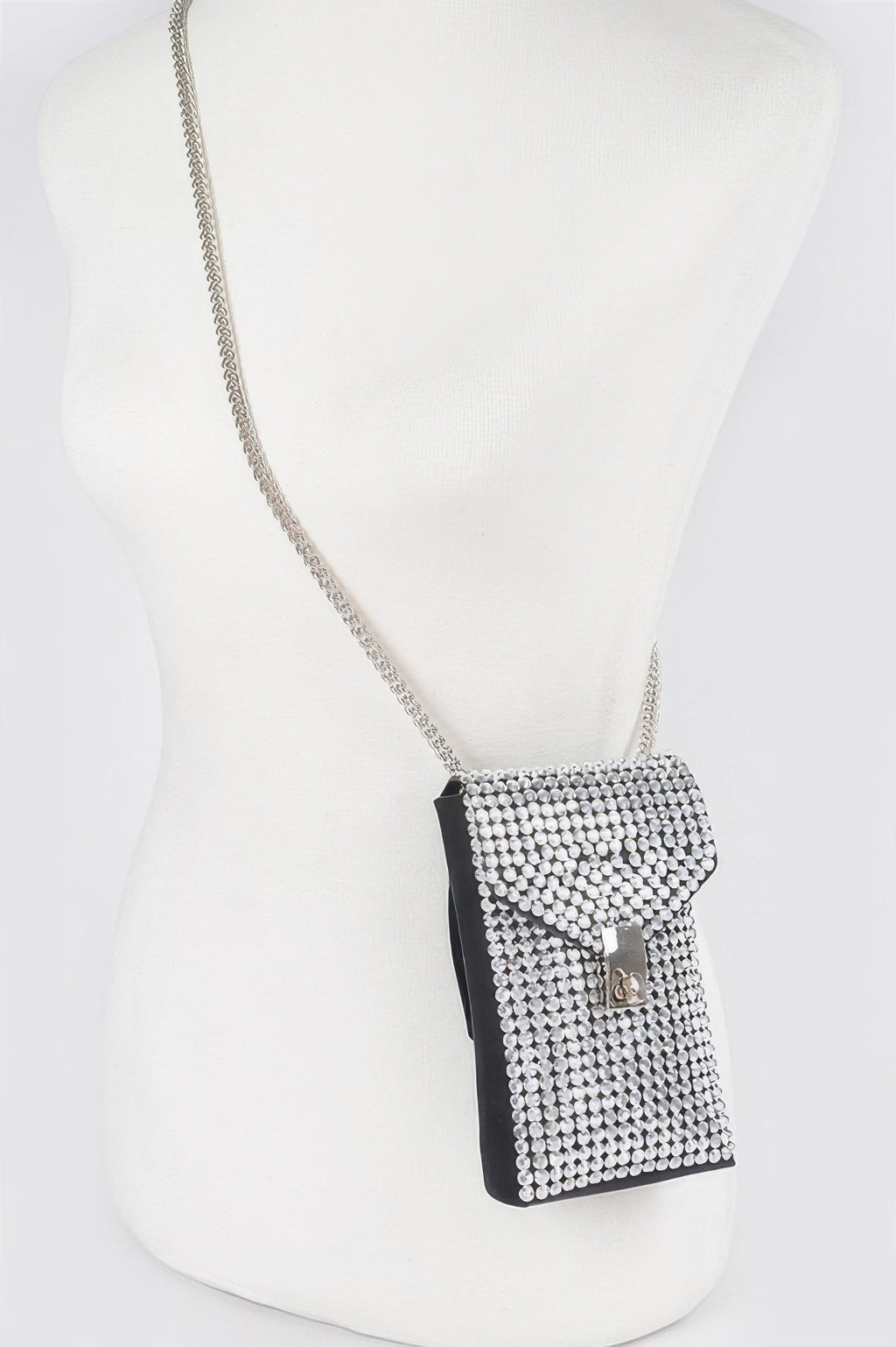 Silver rhinestone mini belt bag with black back and long chain strap