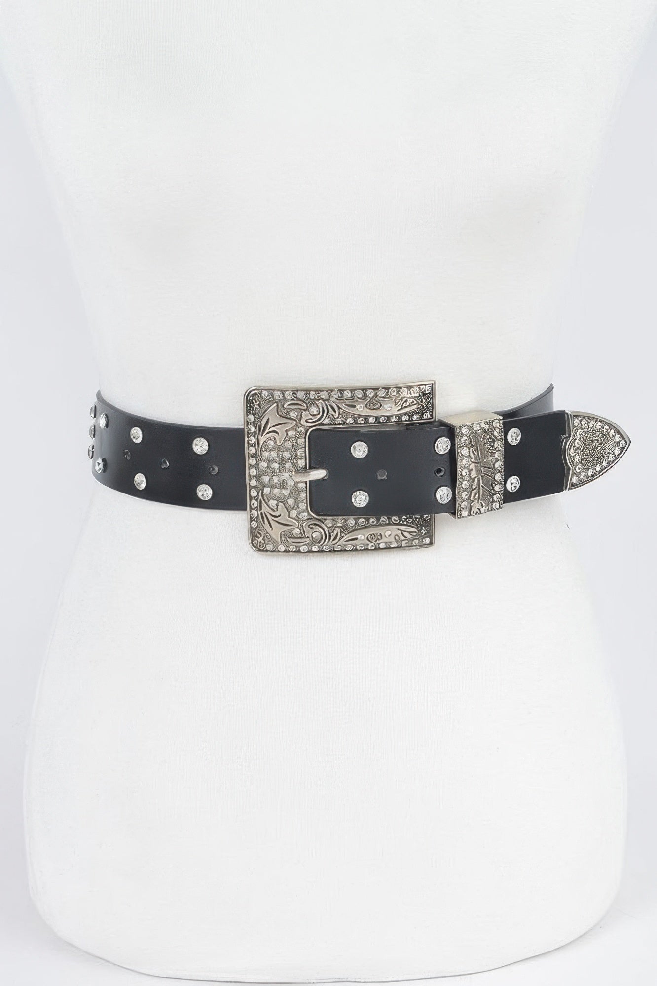 Black plus-size belt with silver rhinestone buckle and square center keeper.