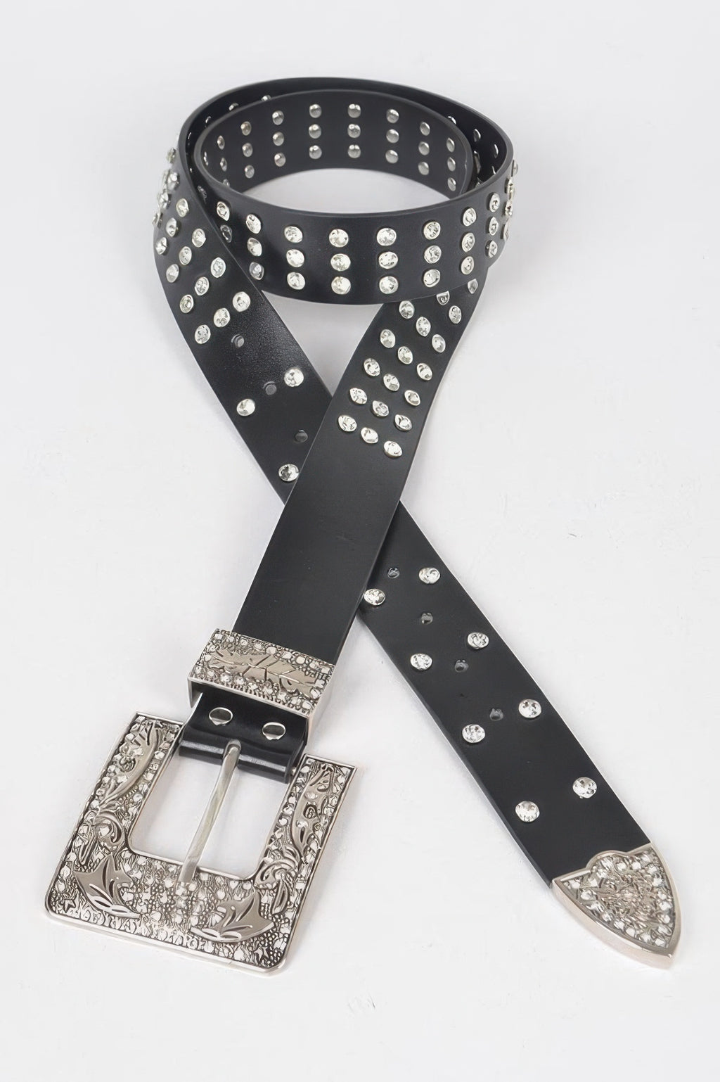 Black rhinestone buckle belt with long dangling strap ends and silver buckle frame.