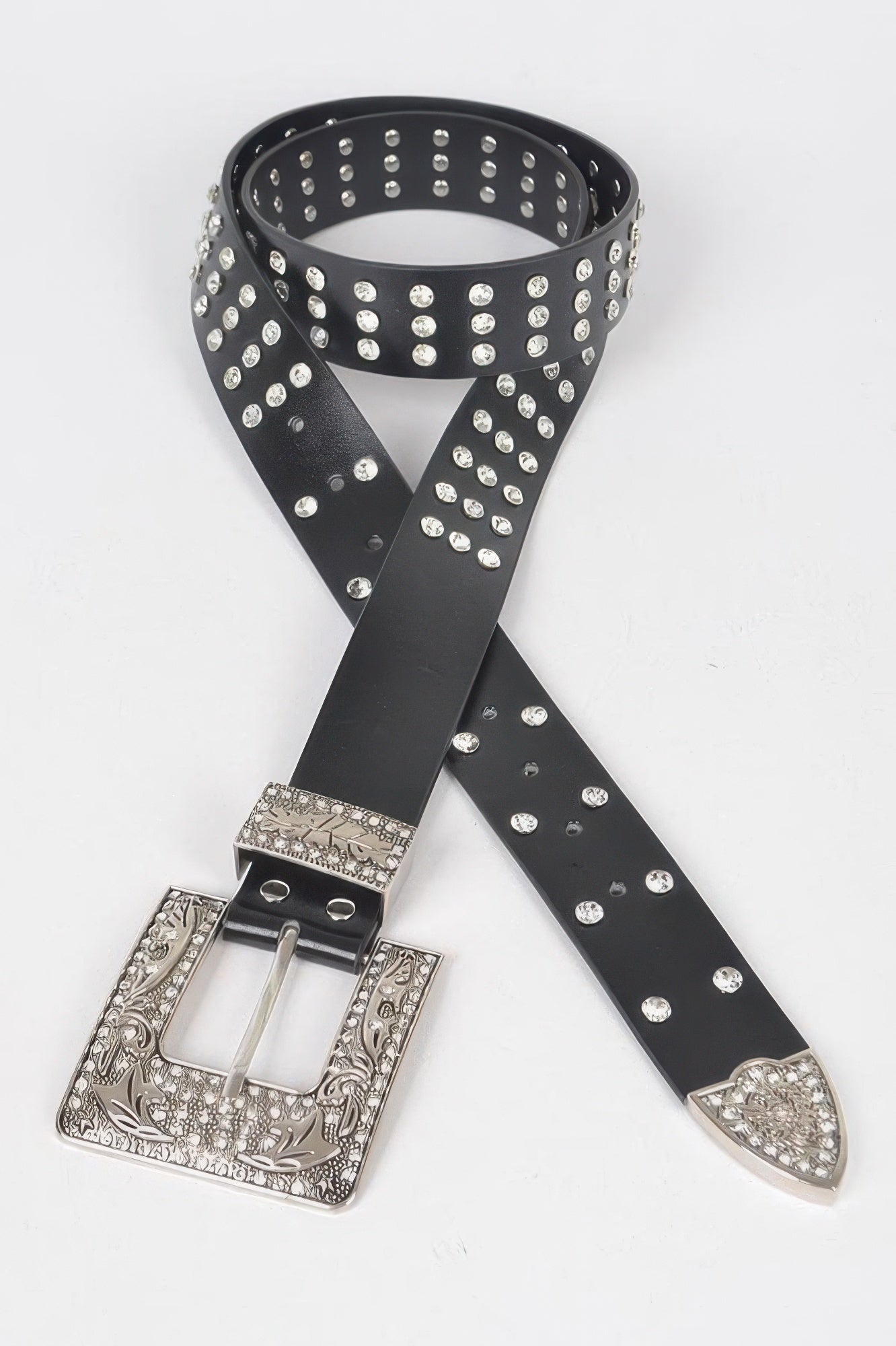 Black rhinestone buckle belt with long dangling strap ends and silver buckle frame.