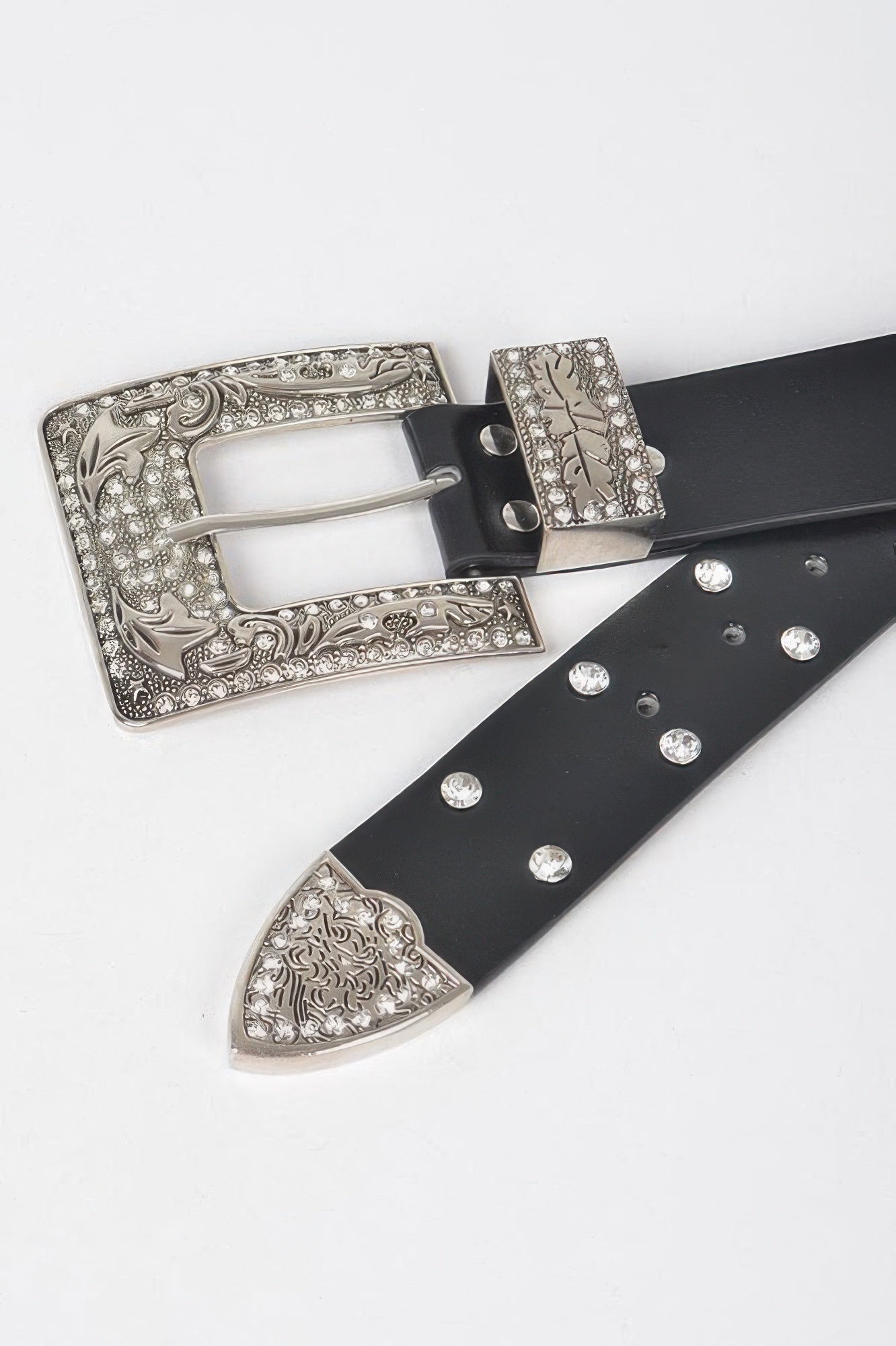 Black belt with silver rhinestone buckle and decorative rectangular buckle plate.