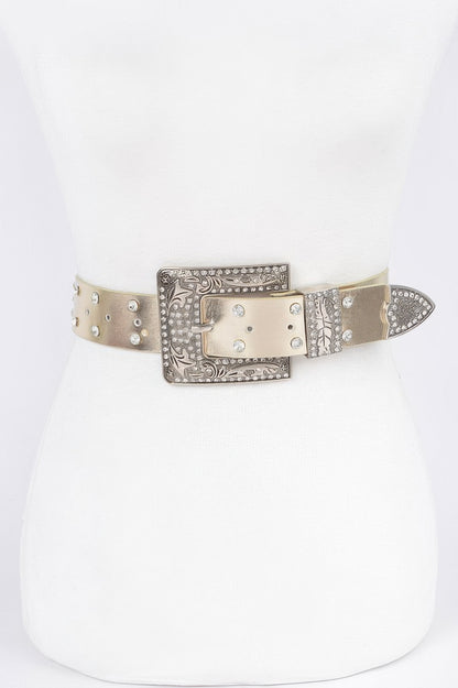 Rhinestone Buckle Metallic Plus Size Belt W/chain - Tigbul's Variety Fashion Shop