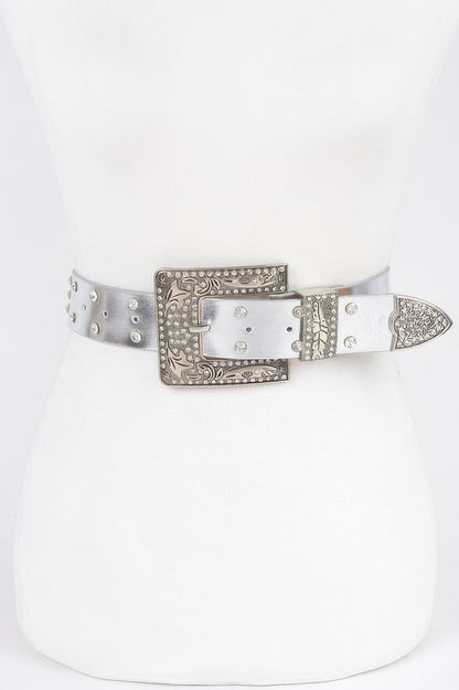 Rhinestone Buckle Metallic Plus Size Belt W/chain - Tigbul's Variety Fashion Shop