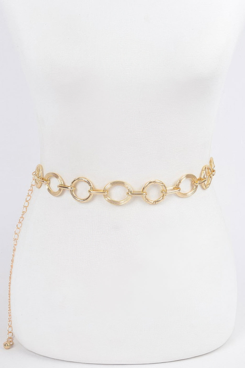 Round chain plus-size belt, gold link circles on white mannequin