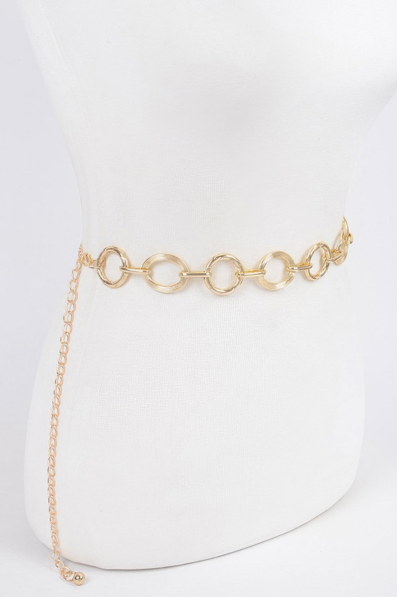 Gold chain belt with round links and long extender, one size