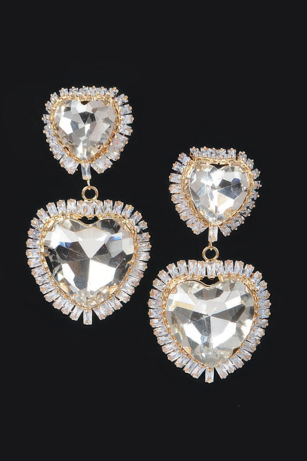 Cubic And Glass double heart earrings in gold tone with clear faceted heart stones