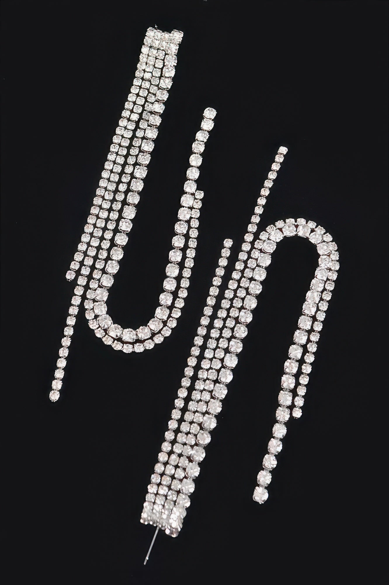 Rhinestone U-drop earrings with straight dangling sections and stud post