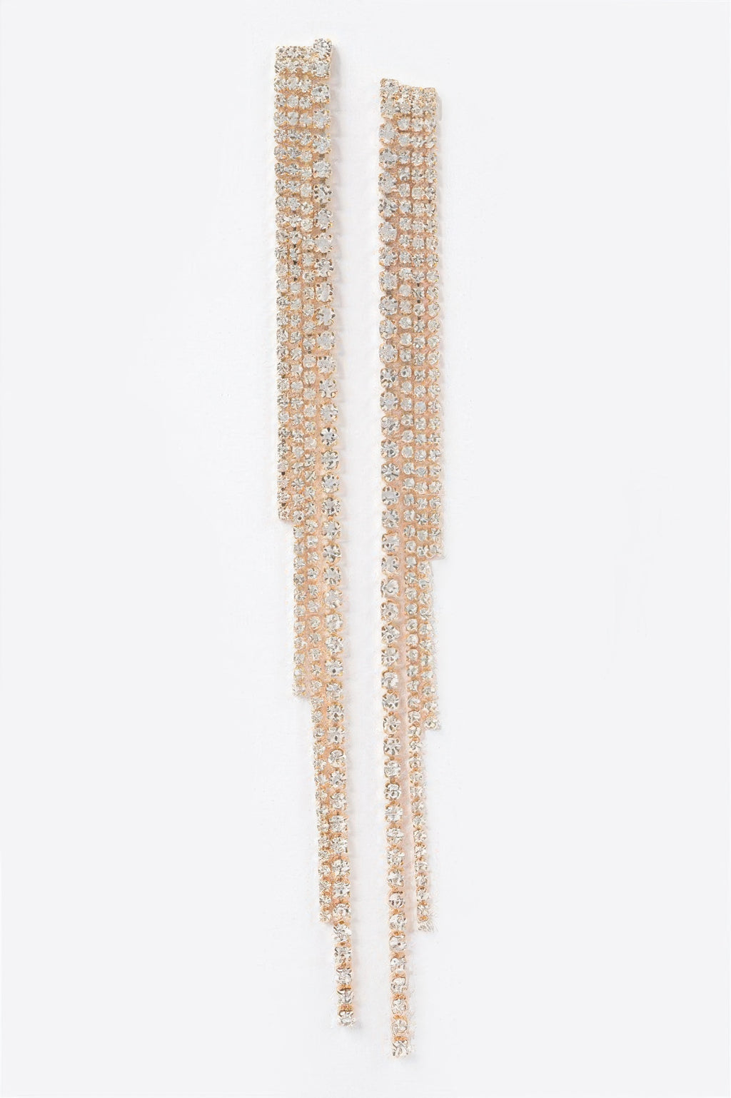 Long rhinestone string earrings in clear-gold tone, sparkly stacked rows