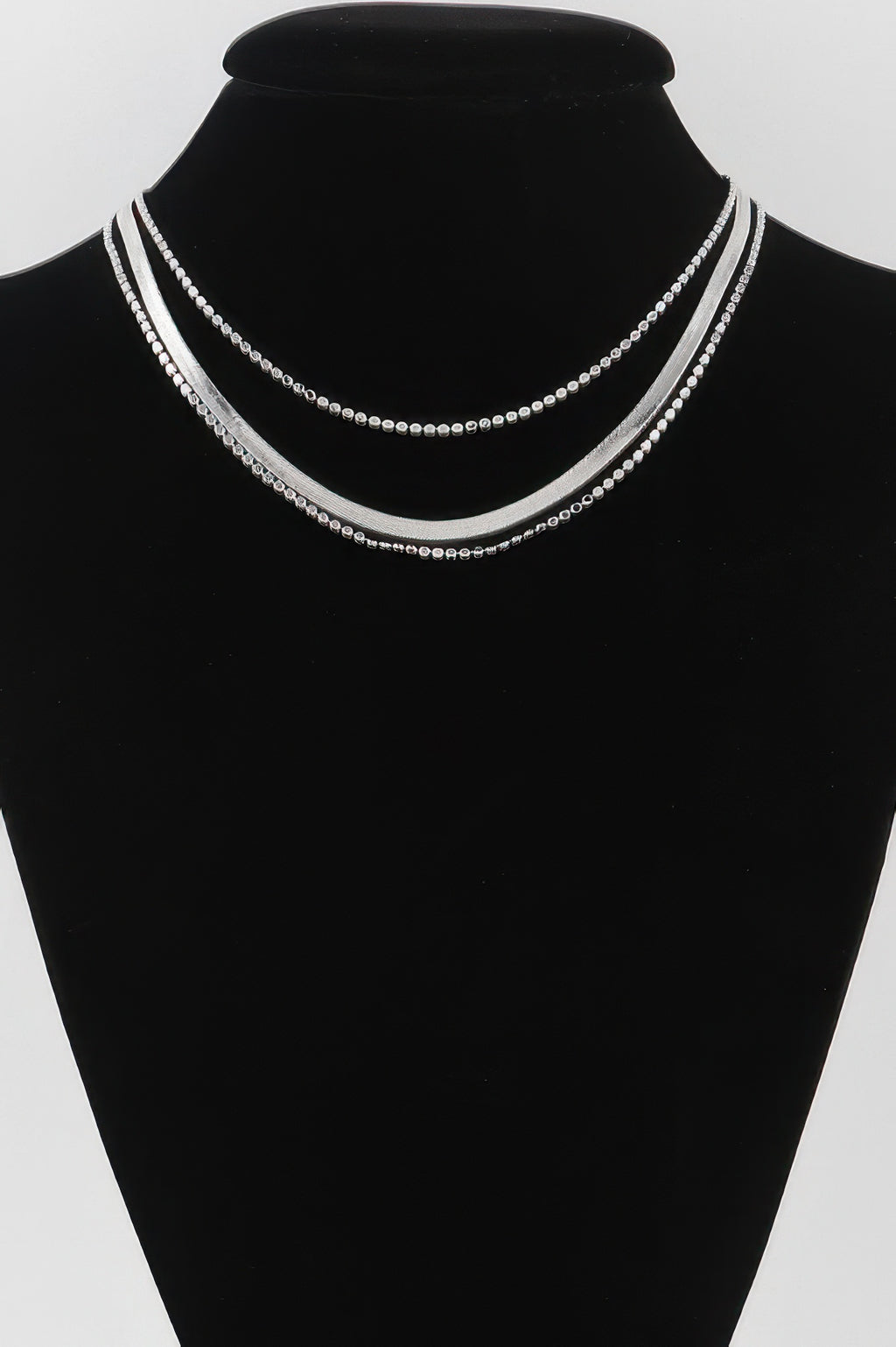 Triple snake chain necklace in silver, double-layer bead links