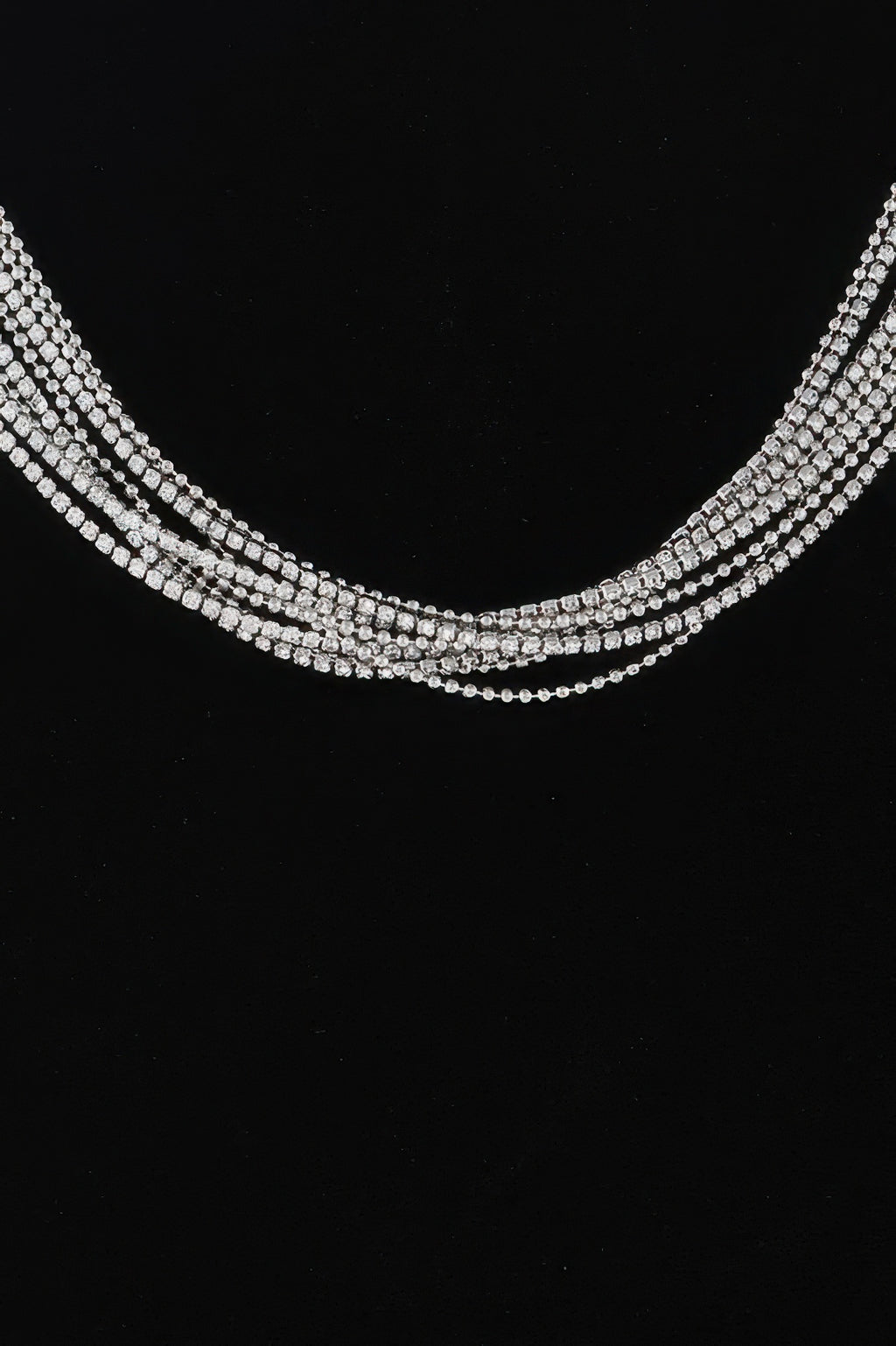 Layered multi-row rhinestone necklace, clear crystals on silver-toned links