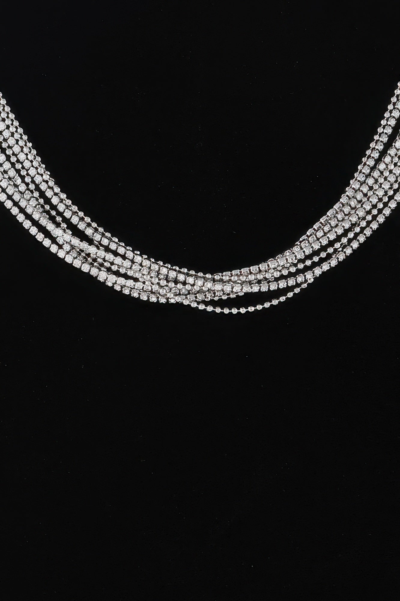 Layered multi-row rhinestone necklace, clear crystals on silver-toned links