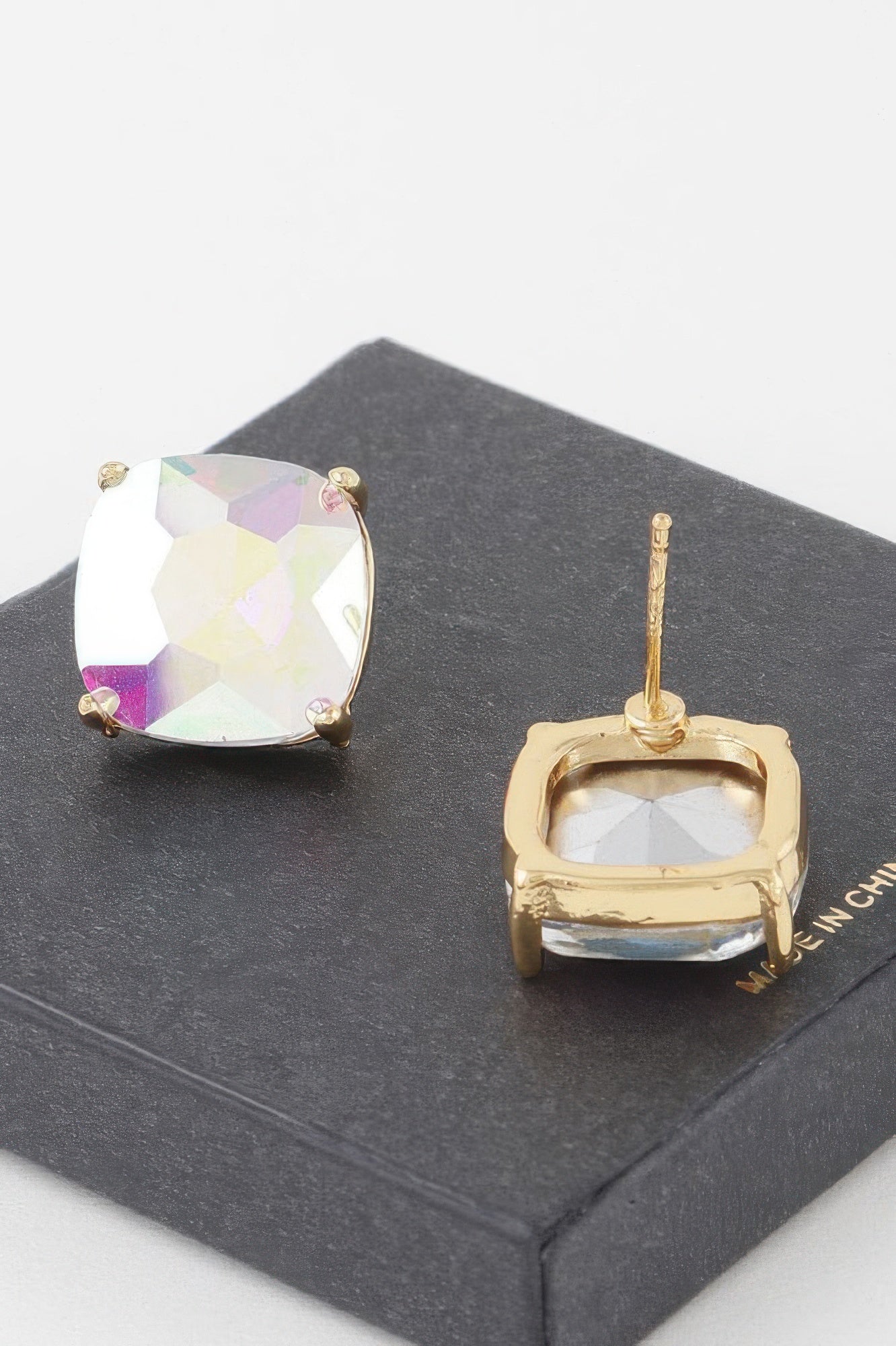 14k rhinestone stud earrings, gold-tone prong settings with iridescent AB stones