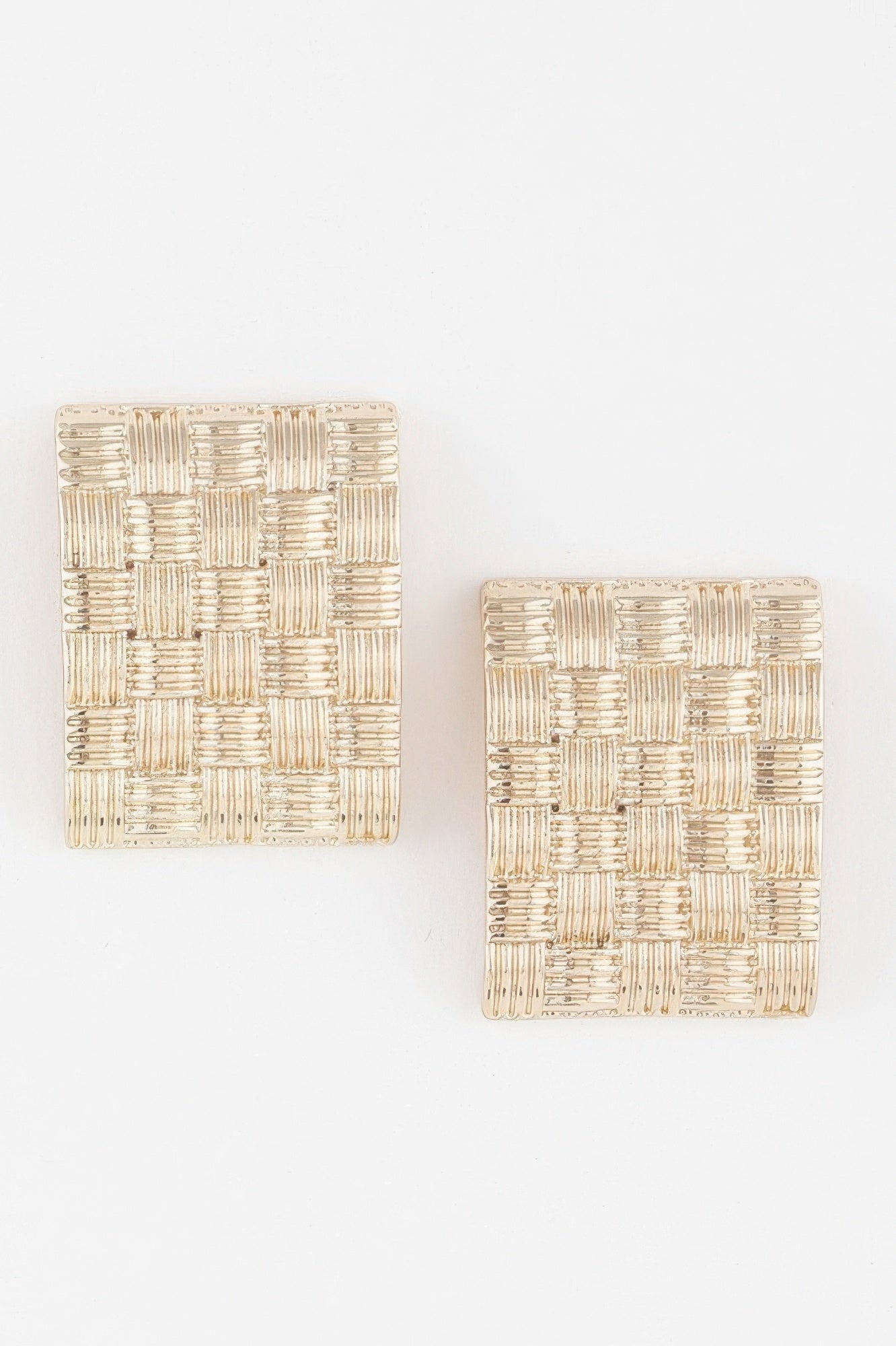 Cross Hatch Plate Earrings, square woven pattern in gold-tone metal