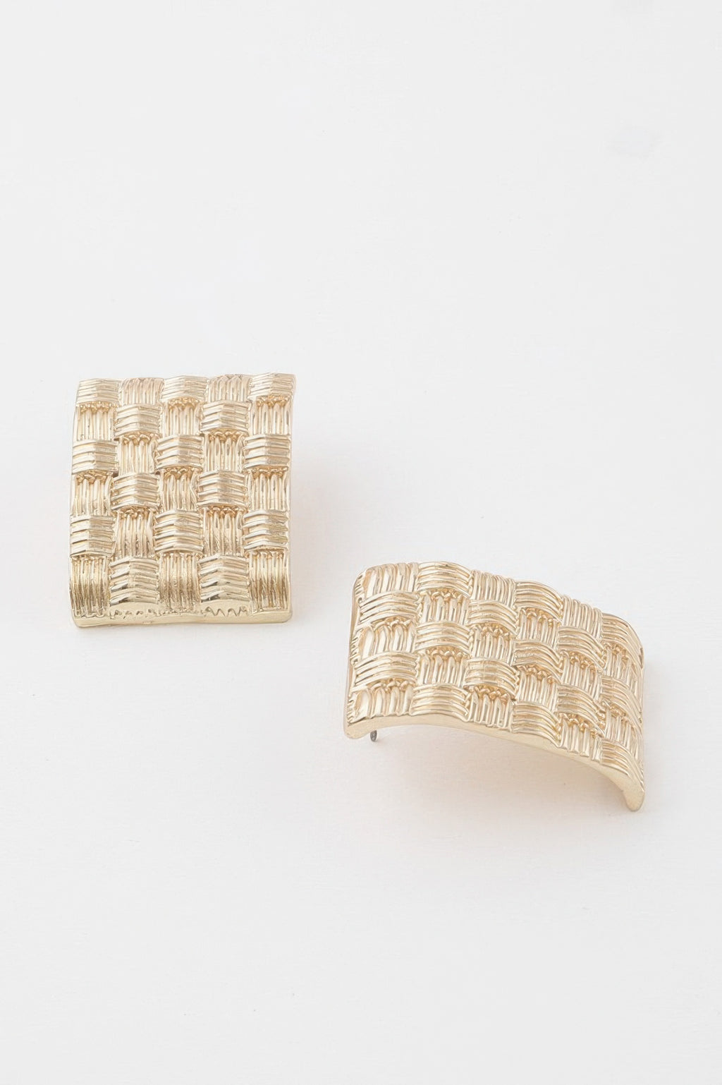 Gold-tone cross hatch plate earrings with curved post back