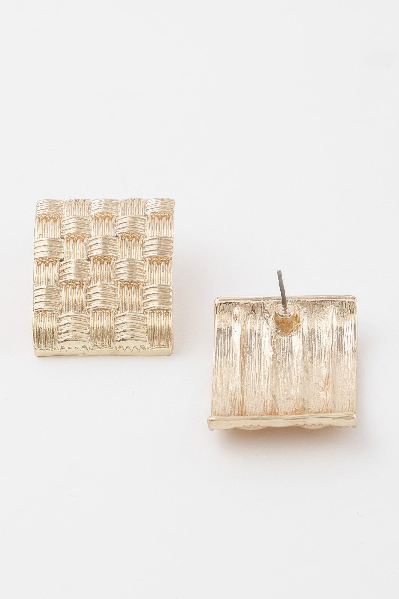 Gold cross hatch plate earrings: square front and straight post stud