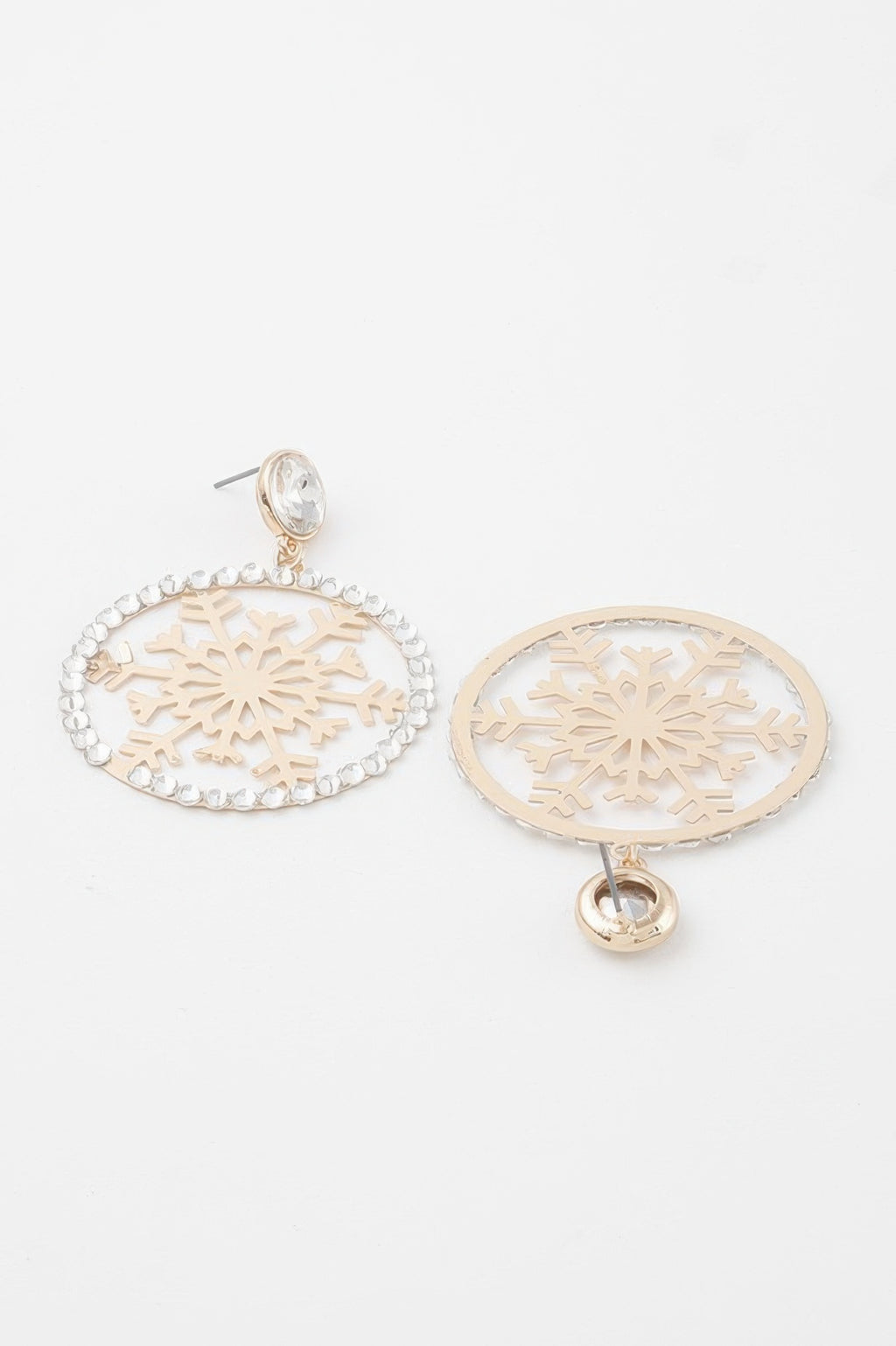 Jeweled snowflake earrings, gold-tone oval with clear round accents