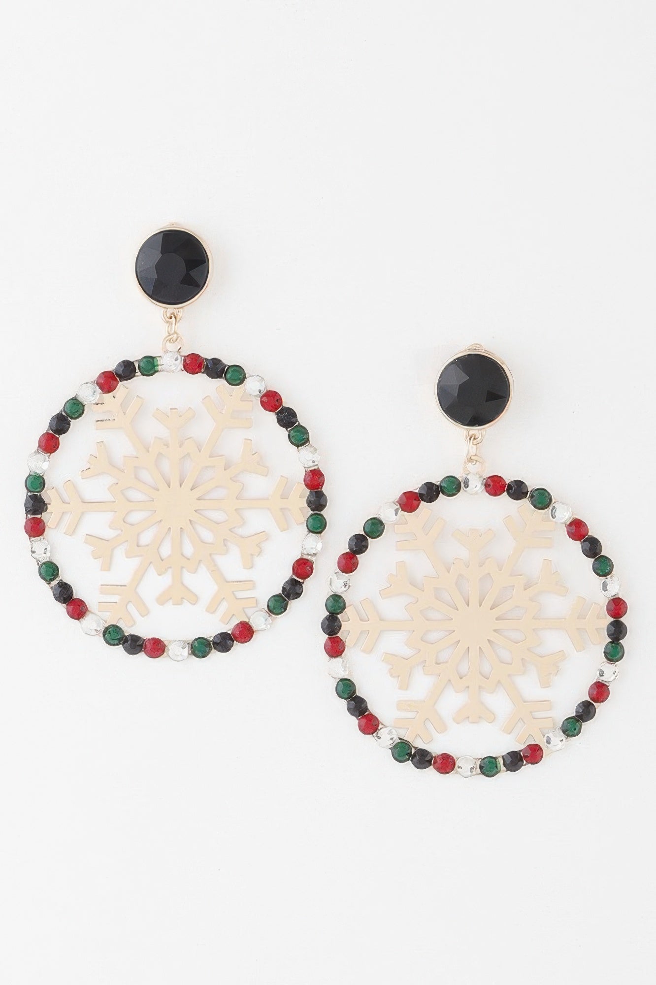 Gold-tone snowflake earrings with black studs and multicolor bead halo