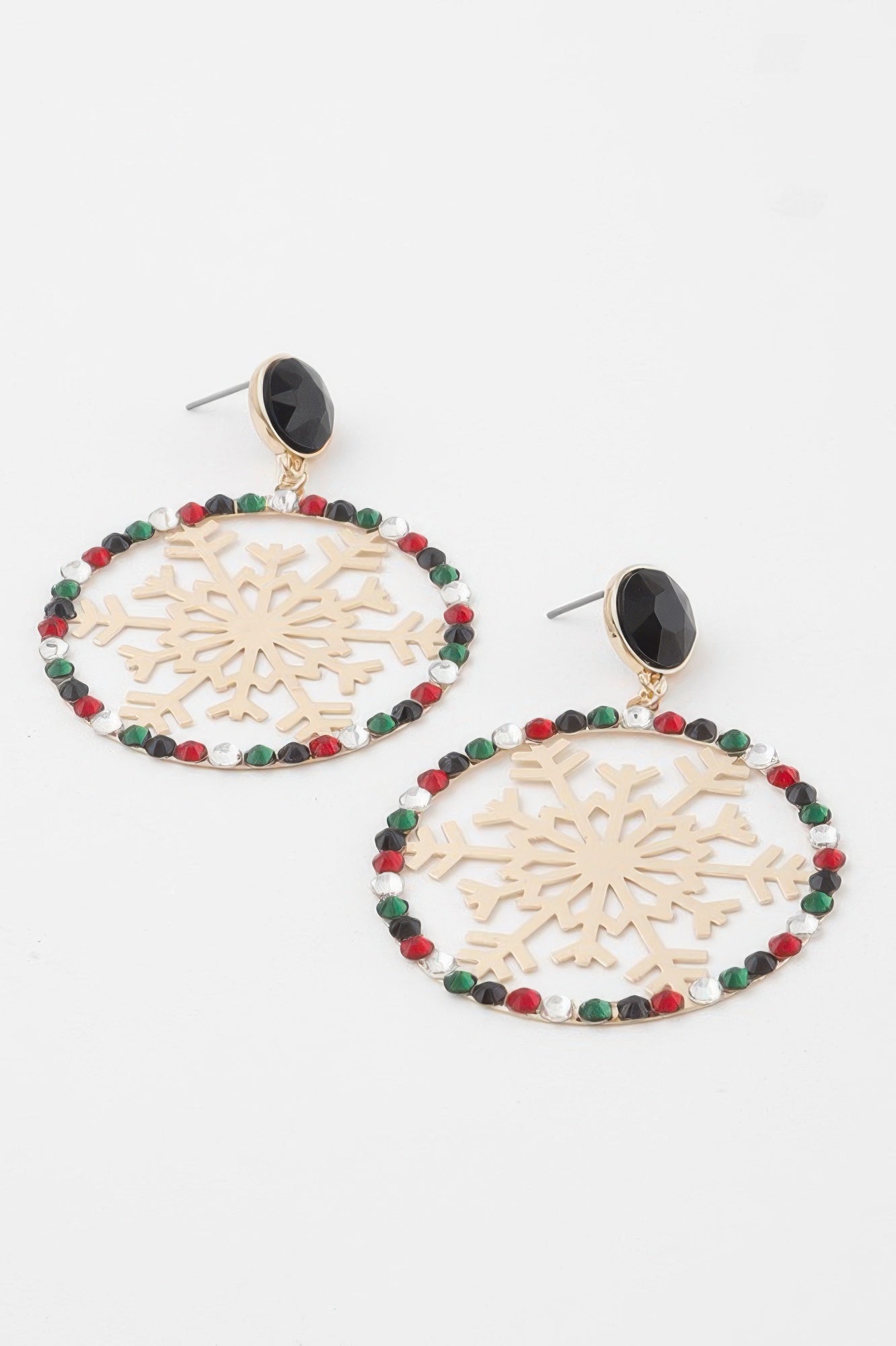 Jeweled snowflake earrings with black stone top and red/green bead border